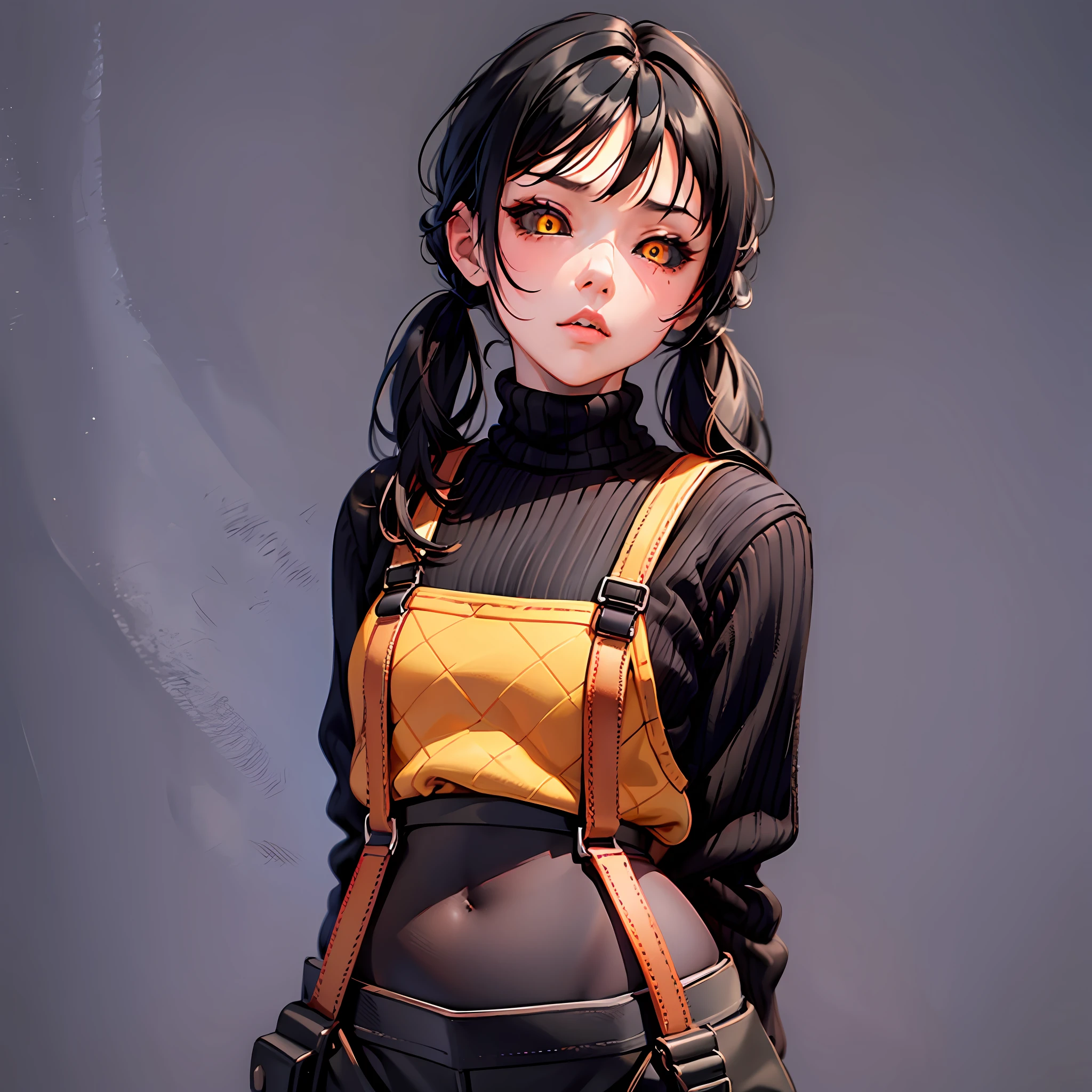 1girl, cowboy shot, simple background, minimalist background, best quality, black sclera, red pupils, black hair, twintails, yellow sweater, turtleneck sweater, black shorts, suspender shorts, suspenders
