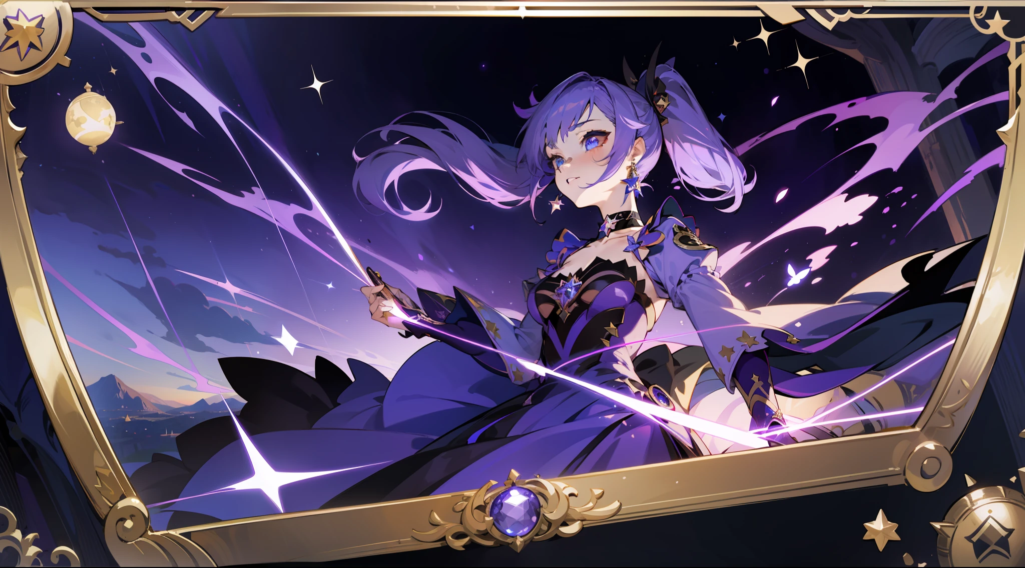 (1 girl), illustration, Mona \(Genshin Impact\), choker, star \(symbol\), witch, blue eyes, shining eyes, dark purple hair, dark purple hair, ponytails, earrings, white apron, purple dress, gold jewelry, landscape, night, magic, fortune teller, cards