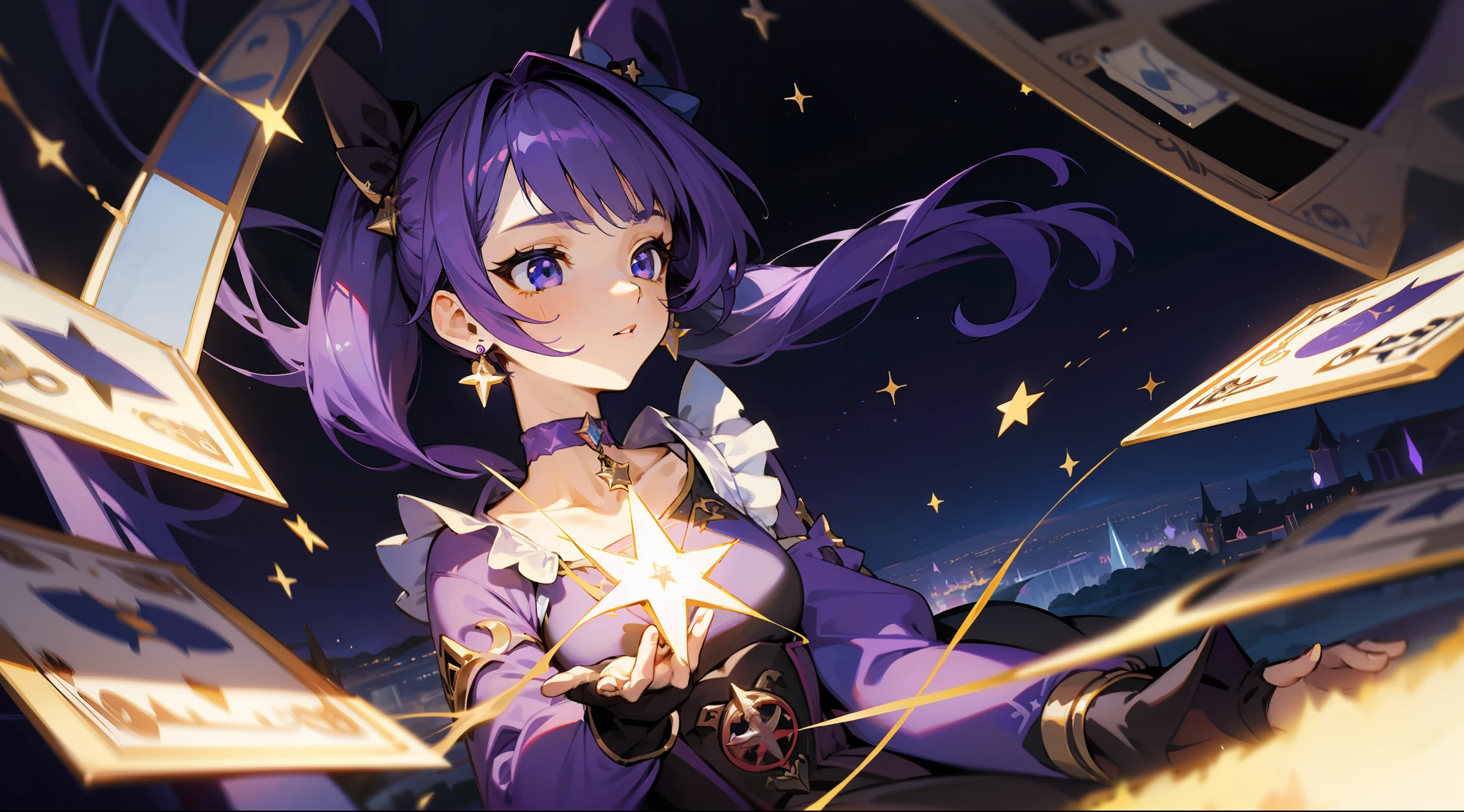 (1 girl), illustration, Mona \(Genshin Impact\), choker, star \(symbol\), witch, blue eyes, shining eyes, dark purple hair, dark purple hair, ponytails, earrings, white apron, purple dress, gold jewelry, landscape, night, magic, fortune teller, cards