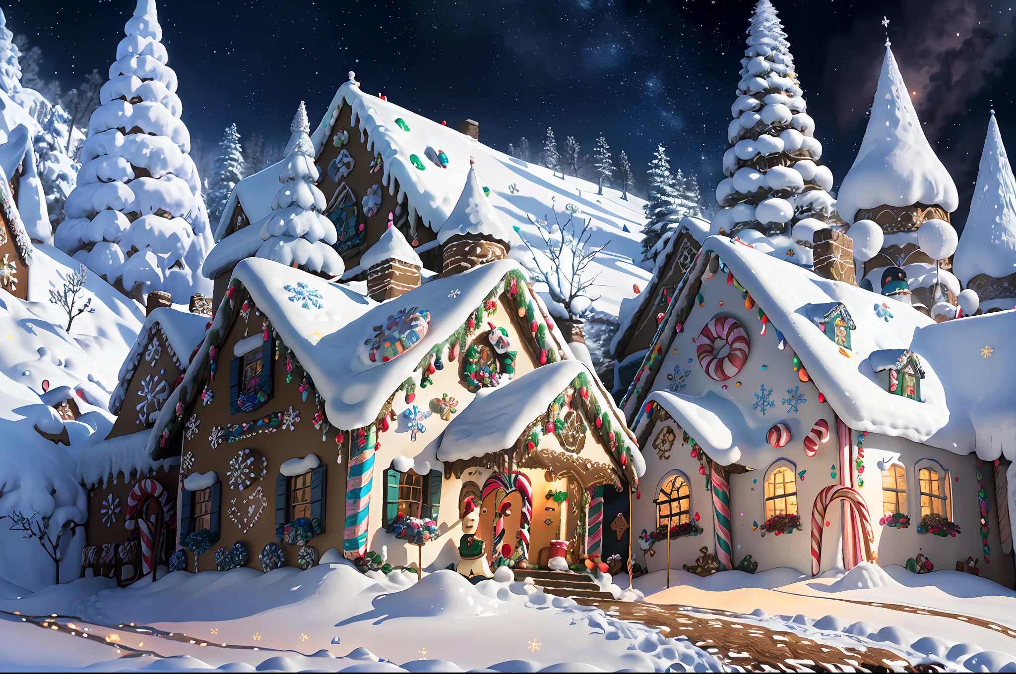 4k,highres, highest quallity, illustration, ultra detailed, cinematic lighting, best quality, hyper detailed, masterpiece, (fantasy realm:1.2), (gingerbread house:1.3), snow-covered landscape, magical, dream-like, pastel colors, sparkly, cozy and warm, giant candy canes, glittering snowflakes, whimsical details.
