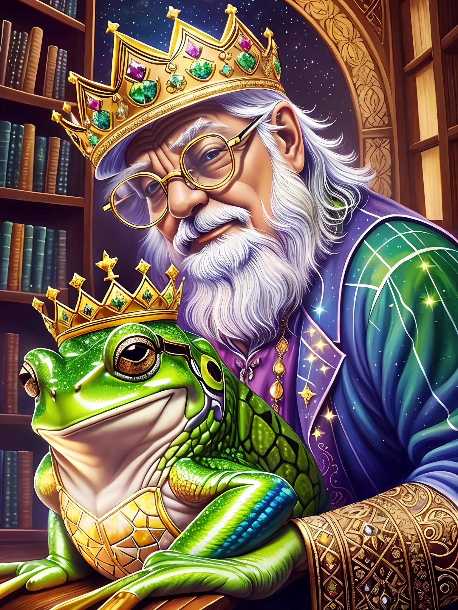 (a high quality oil paint) A magical and wonderful scene unfolds before your eyes: a proud frog wears a sparkling crown on the head of an old man, who looks wise with his glasses. The crown jewels radiate light, creating a dazzling effect.