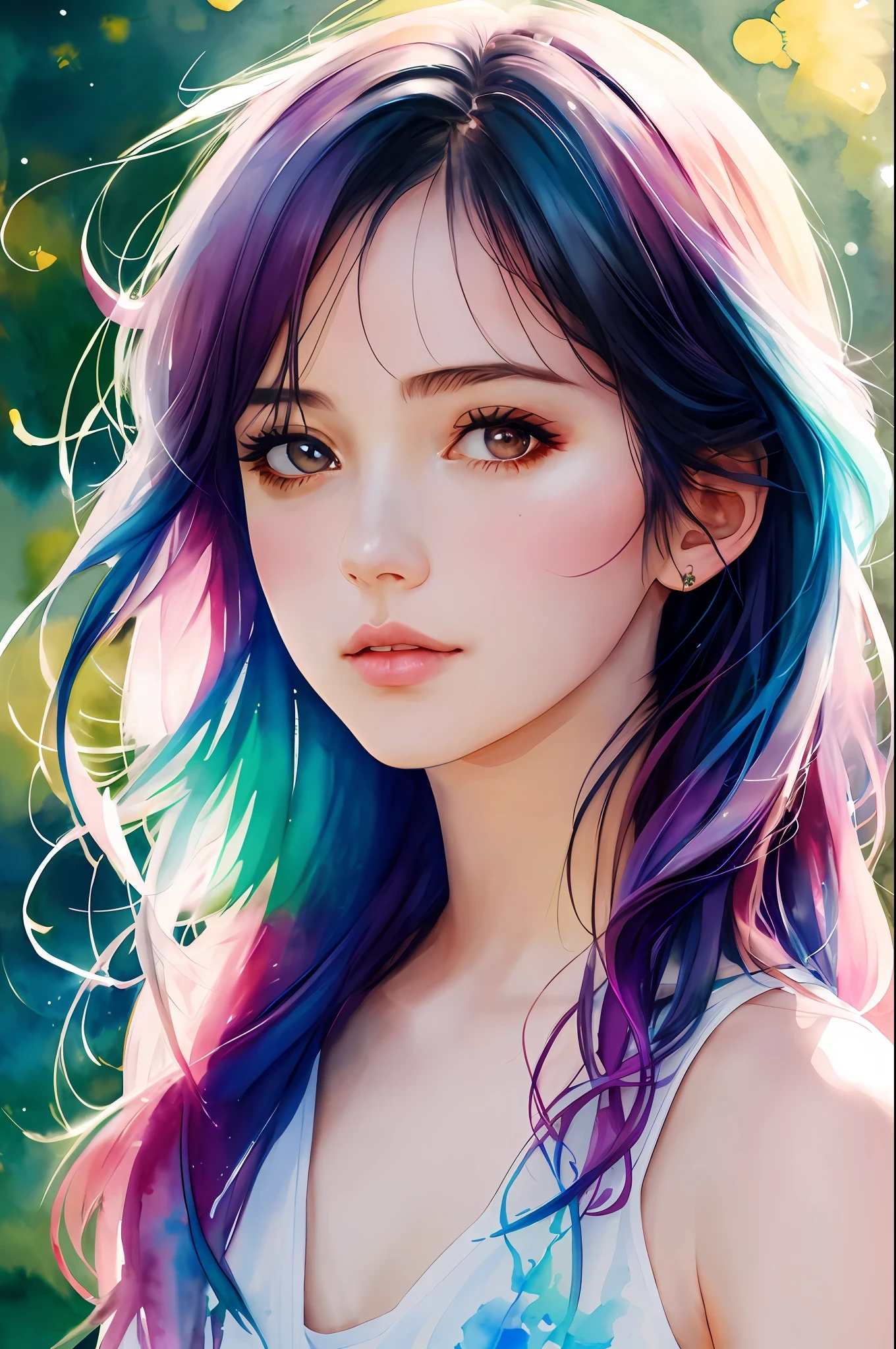(8k, best quality, masterpiece:1.2),(best quality:1.0), (ultra highres:1.0), watercolor, a beautiful woman, shoulder, hair ribbons, by agnes cecile, half body portrait, extremely luminous bright design, pastel colors, (ink:1.3), autumn lights,