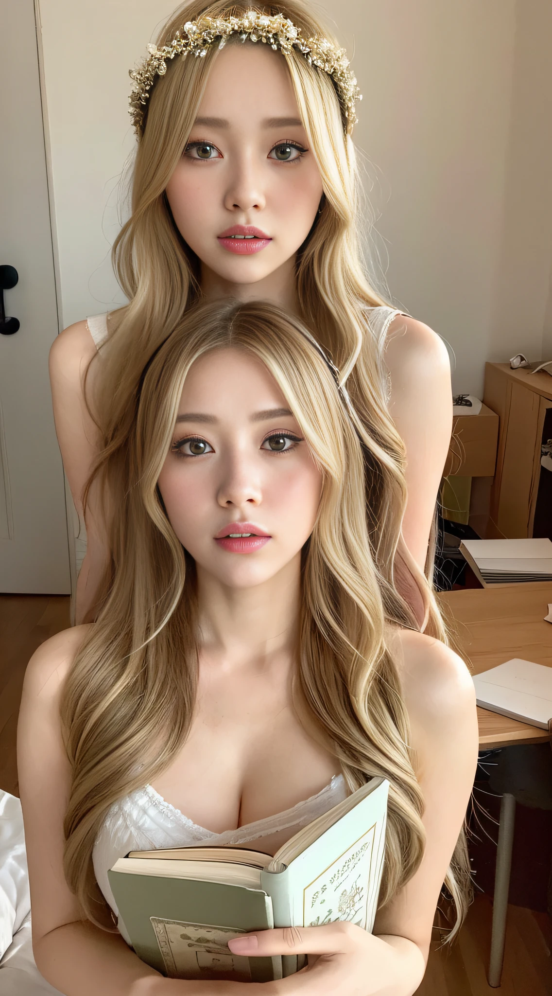 In the bright room, lit by a soft and warm candlelight, there is a waifu angel girl. Her appearance is adorable, with blonde hair and a highly detailed face, with extremely detailed eyes and a double eyelid. She is wearing a wreath on her head and holds a holy book on the table in front of her. The portrait is done in an anime style, with warm colors and a dim light, creating a cinematic lighting. The girl is beautiful, with a perfect anatomy, and the sharp focus and precise details give the feeling of a high-quality illustration. The work is a true masterpiece, with a resolution of 8k, and is considered a piece centered on a character sheet of concept art. The woman depicted has thin abs, emphasizing her beauty, and random hairstyles, although her breasts are depicted as gigantic. She's wearing a casual outfit, and the scene takes place indoors.