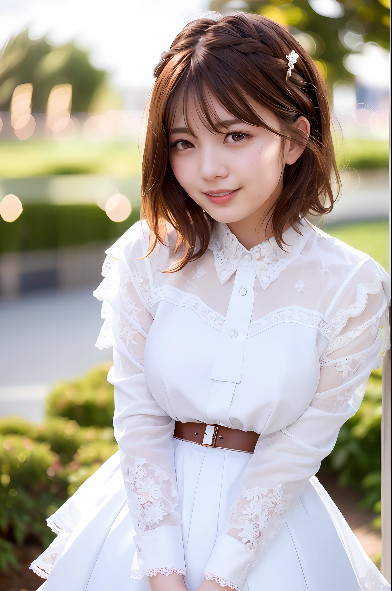 Realistic, Best Quality, Photorealistic, Masterpiece, 8K, High Definition, Solo,1 Female, 25 Years Old, ((((Female)))), Very Detailed Face, (Skin Spots:1.2), (Skin Dentation), Black Eyes, ((Viewers Watch:1)), (Look at Camera), (Portrait: 0.6), ((White Lace Prom Dress))), Thighs, (Big: 5.0))), ( plump body), (short hair), brown hair, floating hair, braided hair, hair ornaments, veil, lips, lipstick, eyelashes, moles, (moles under the eyes: 1), seductive smile, open_mouth, teeth, fashionable and trendy atmosphere, (professional lighting, bokeh), (light particles, lens flare, glowing particles: 0.6), (dynamic pose: 1.3), soft lighting, Garden Wedding, (Daytime), Sky,