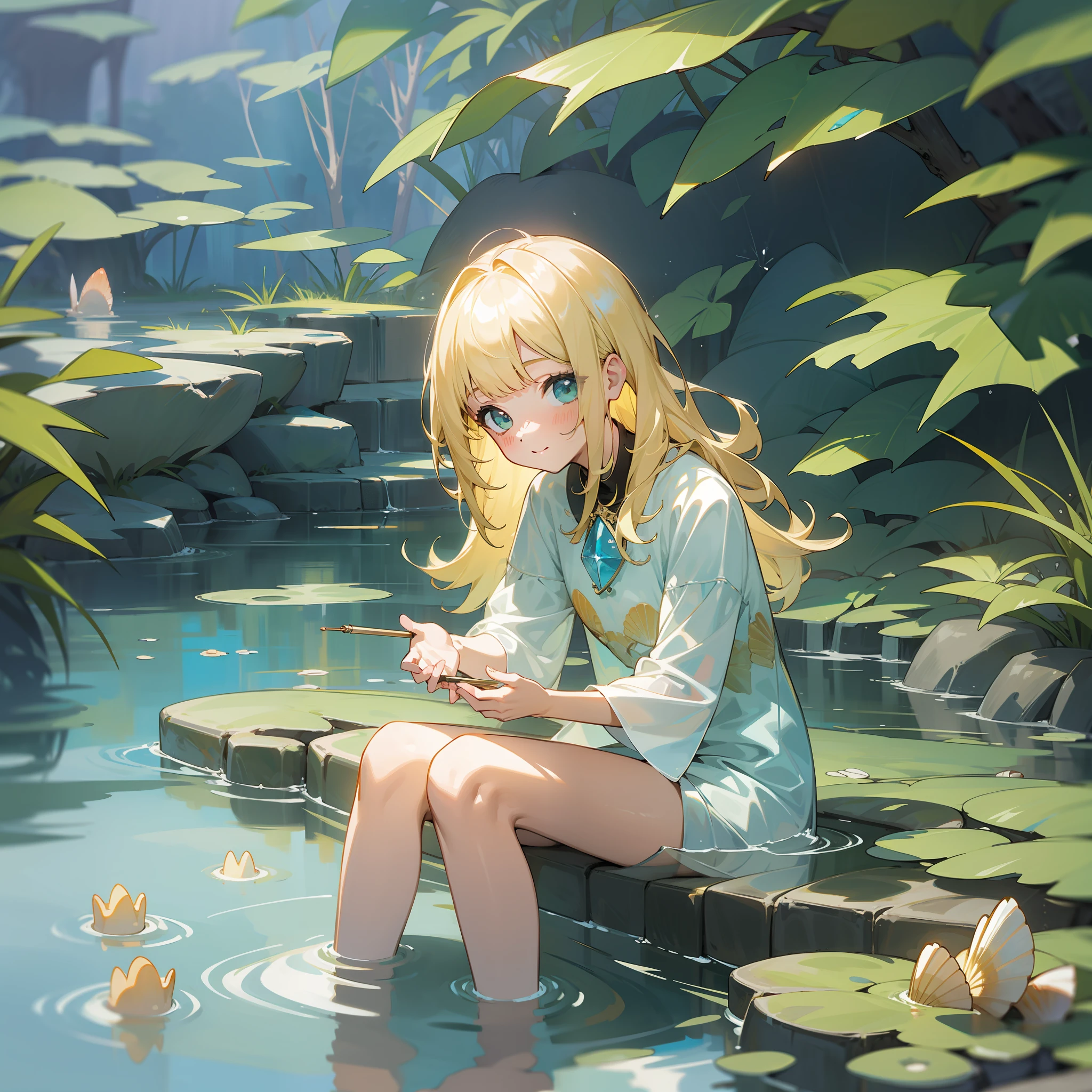 Girl + Cute + Crystal Clear Water + Oasis + Pond + Shells + Perfect Hands + Blonde Fringe + Electric + Cheerful [Masterpiece, Ultra Detailed, Well-made, Award Winning Drawing, 8K, HD]