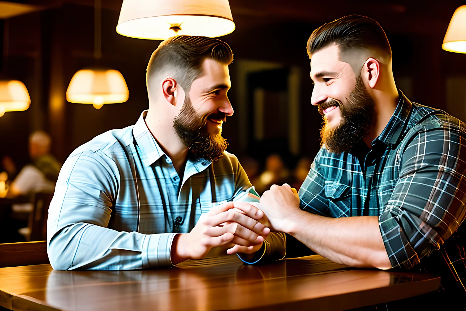 In a cozy restaurant, a table is set for two, adorned with a white tablecloth and flashing candlelight. (((Two stout, burly, lumberjack-like men))), are sitting across from each other, engaged in deep conversation. Their bodies are accented by (their plaid shirts), and their neatly trimmed beards and short military-style haircuts add to their rugged charm.

As they talk, their eyes close with a tender, affectionate gaze, expressing a deep connection and romantic interest in each other. The soft light from a large glass window bathes their faces, casting a warm glow and accentuating their features. The subtle play of light and shadow creates an intimate and romantic atmosphere, enveloping them in an aura of affection and tenderness.

((His hands naturally gravitate toward each other on the table)), his fingers intertwine gently. The touch is soft but charged with emotion, symbolizing their shared connection and the beginning of a romantic journey.

The atmosphere of the restaurant is carefully crafted to enhance the romantic atmosphere. Soft background music fills the air, contributing to the intimate atmosphere. The aroma of delicious food hangs in the air, adding to the sensory experience. The surrounding tables are occupied by other diners, but they disappear in the background as the focus remains on the two men and their blossoming romance.

This scene is a testament to the power of love and connection, capturing a beautiful moment of tenderness and vulnerability between two individuals. The romantic atmosphere, enhanced by soft lighting and subtle details, invites viewers to feel the warmth and intimacy of their connection.