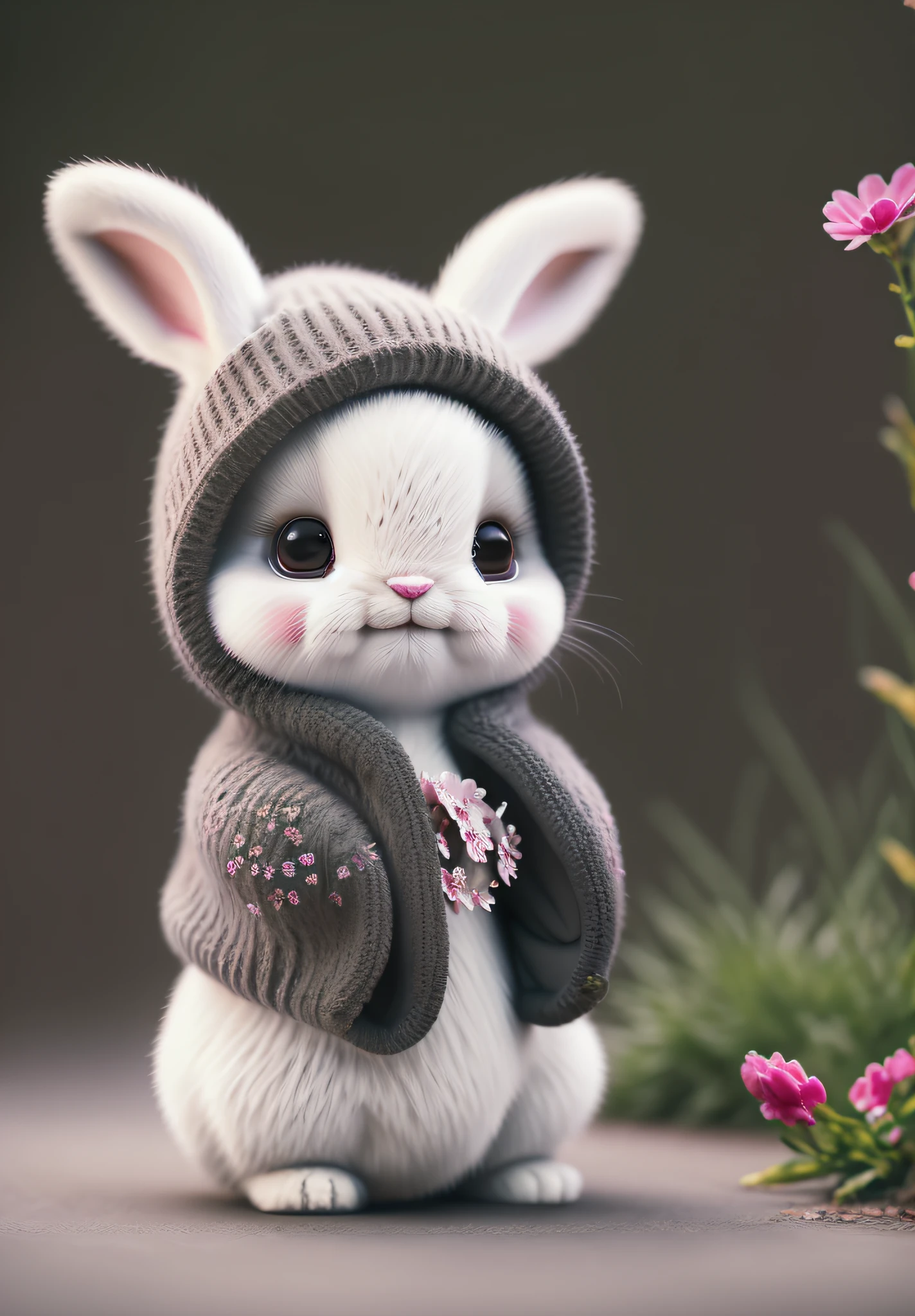 bunny, blur, bunny, flower, nature, no_humans, depth of field, to8contrast style, DARK_Glam, wearing DRK_Glam, deep shadows, (dark: 1.4), (8k, RAW photo, best quality, masterpiece: 1.2)