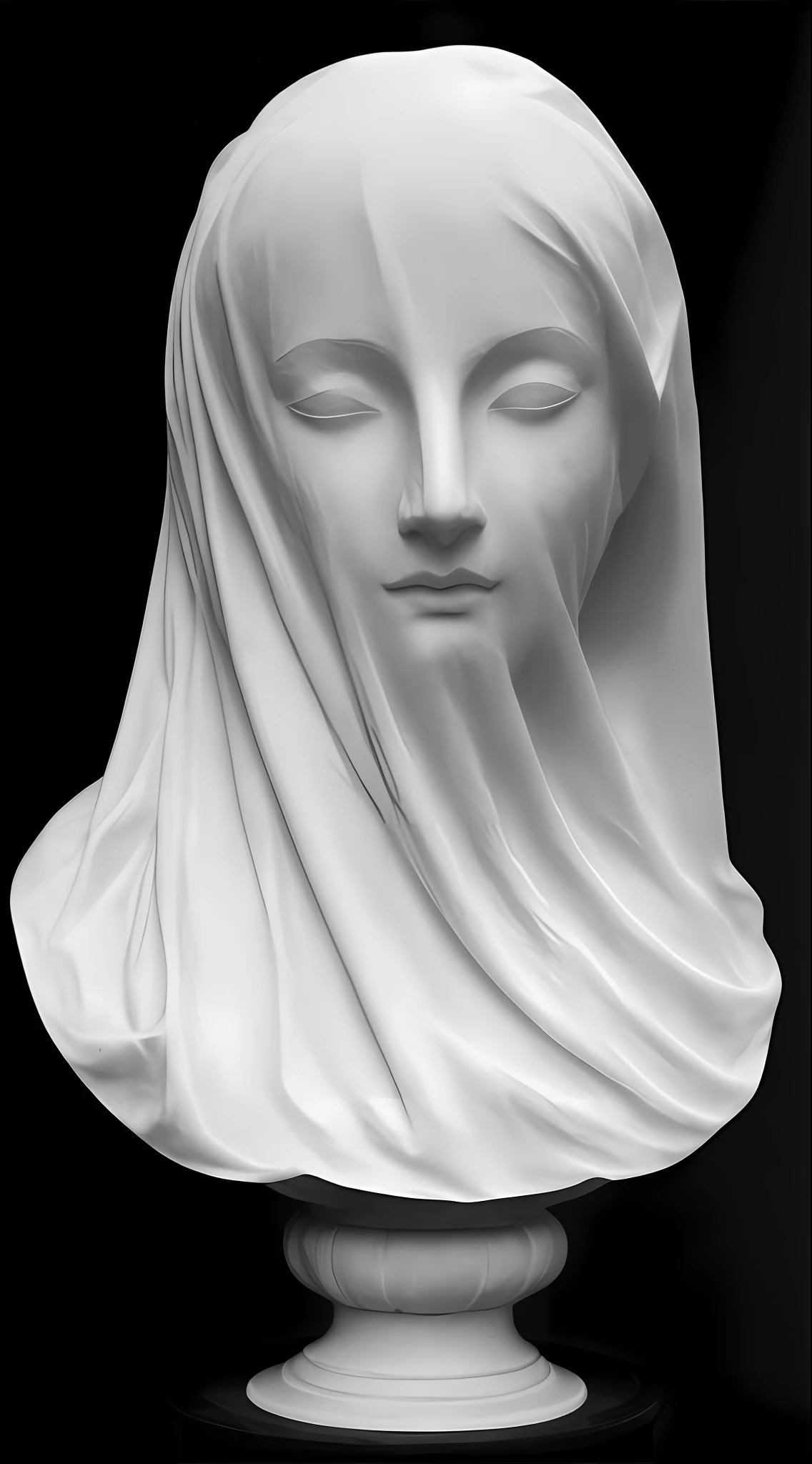a closeup of a statue of a woman covered by a sheet, veiled face, veiled, face covered, carved in bronze, carved in bronze, a bronze sculpture, bronze sculpture, bronze sculptures, realistic sculptures 8k bernini, made of bronze, by Gian Lorenzo Bernini, veil in bronze, veiled in mist, figure wrapped, dark background, black background