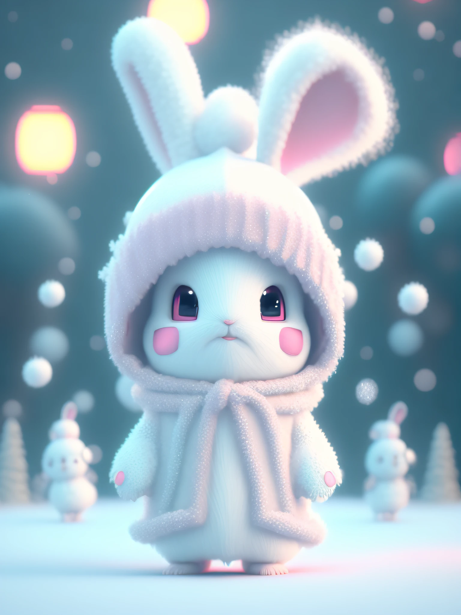 Front view, 3D, in a winter season, small and cute anthropomorphic white rabbit cubs, wearing pink fisherman's hat, soft cyan windbreaker and soft slippers, full body, standing, symmetrical ears, bright big eyes, sweet smiling face, holding glowing glass beads, Christmas scene, fluffy snow, complex furry details, soft movie lighting, 8k, portrait, Pokmon animation style, octane rendering, rendering in the Unreal Engine, high quality