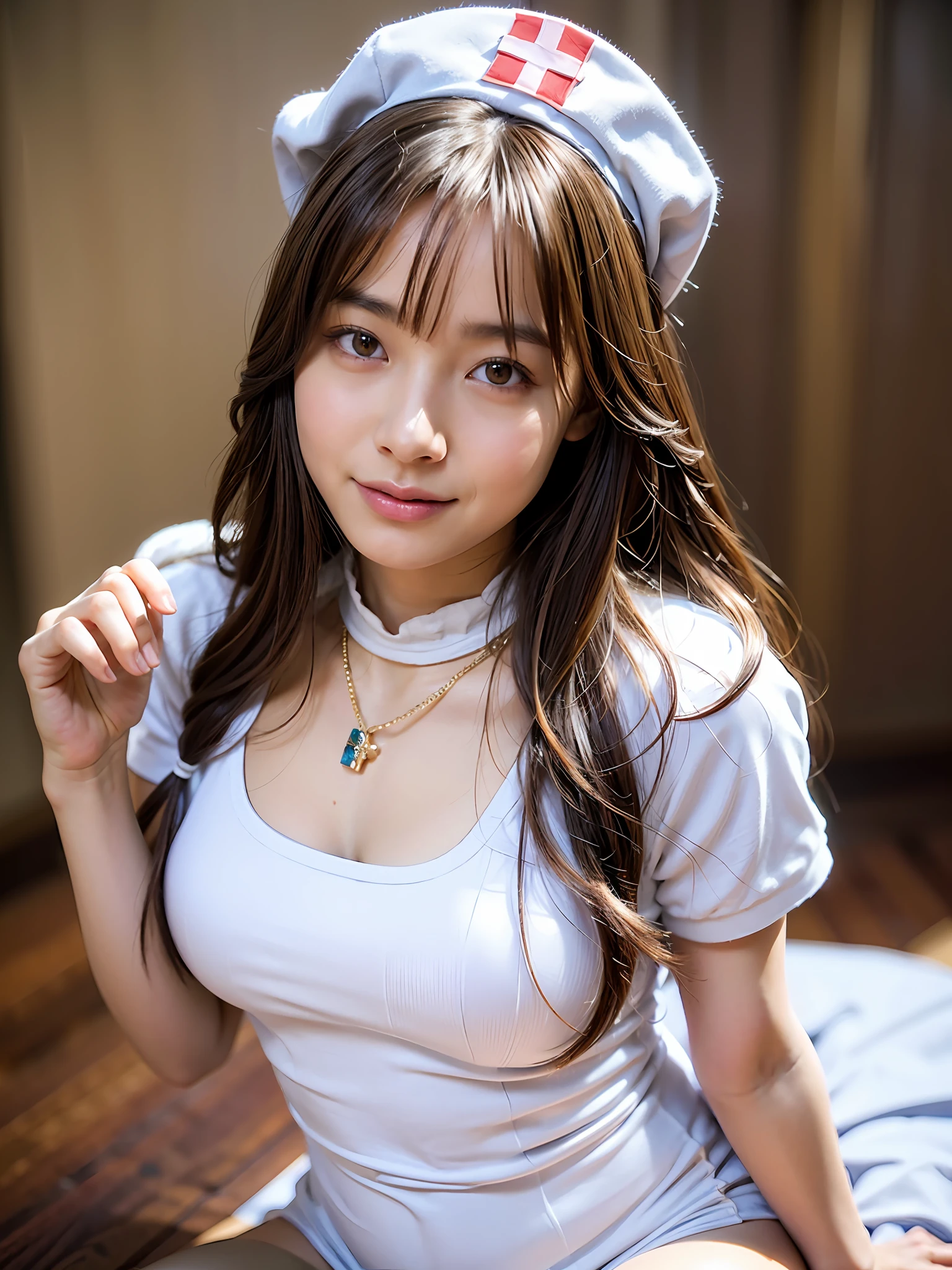 Perfect face and big breasts, thin face, thin eyebrows, right hand and hair, brown hair, middle hair curled hair, ((20-year-old girl with a slim and slender physique)), slender physique, lean!!!、 skin has detailed and highly detailed eyes (1.1 emphasis), very detailed skin texture (1.1 emphasis), necklaces, model photo style, photorealistic, Skin texture is real human skin texture, detailed skin pores, intricate details, eyes are very detailed, nurse cosplay, nurse, nurse!!!、! dream nurse, highly detailed nurse, knitted tights, dress, full body, attractive sexy little chibi, smile, strong smile, cute pose, standing --s2