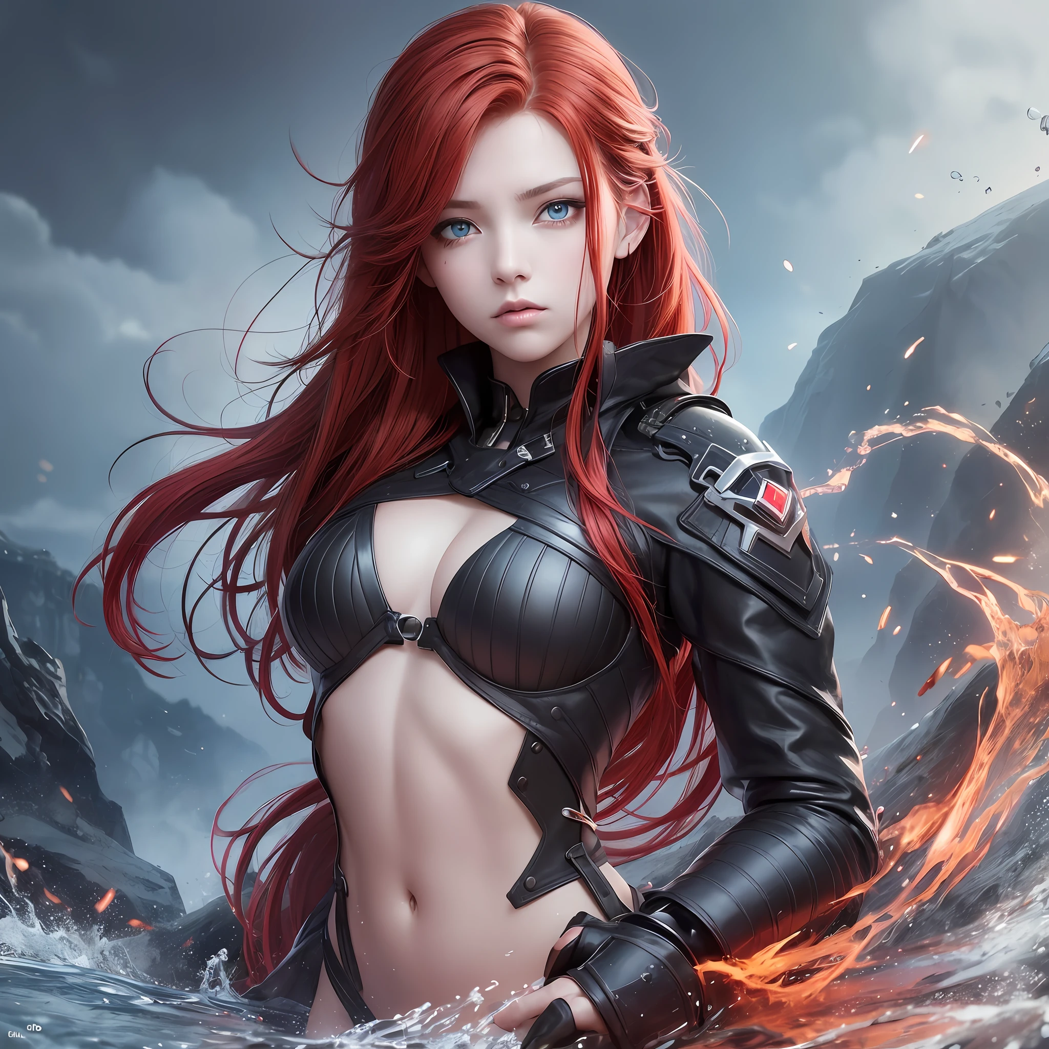 Striking photo of a young woman with a striking and determined appearance Furious. She has red hair that cascades down to her shoulders. His eyes are the color of the ocean, a deep blue that reflects his intensity and curiosity. Your skin is clear, with a soft and radiant tone. 8k quality --auto --s2