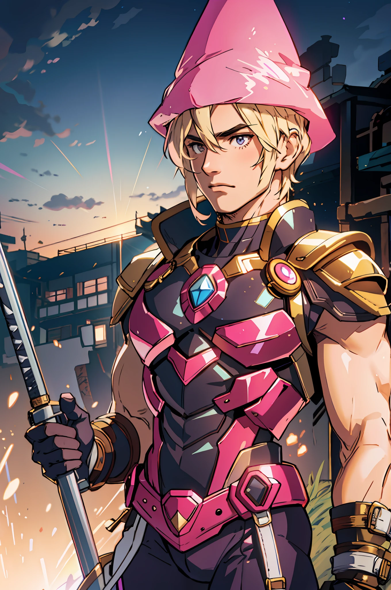 muscular complexion, Brilliant golden armor with pink metillic details
