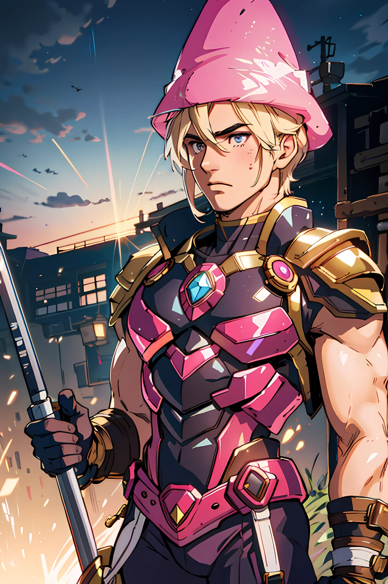 muscular complexion, Brilliant golden armor with pink metillic details