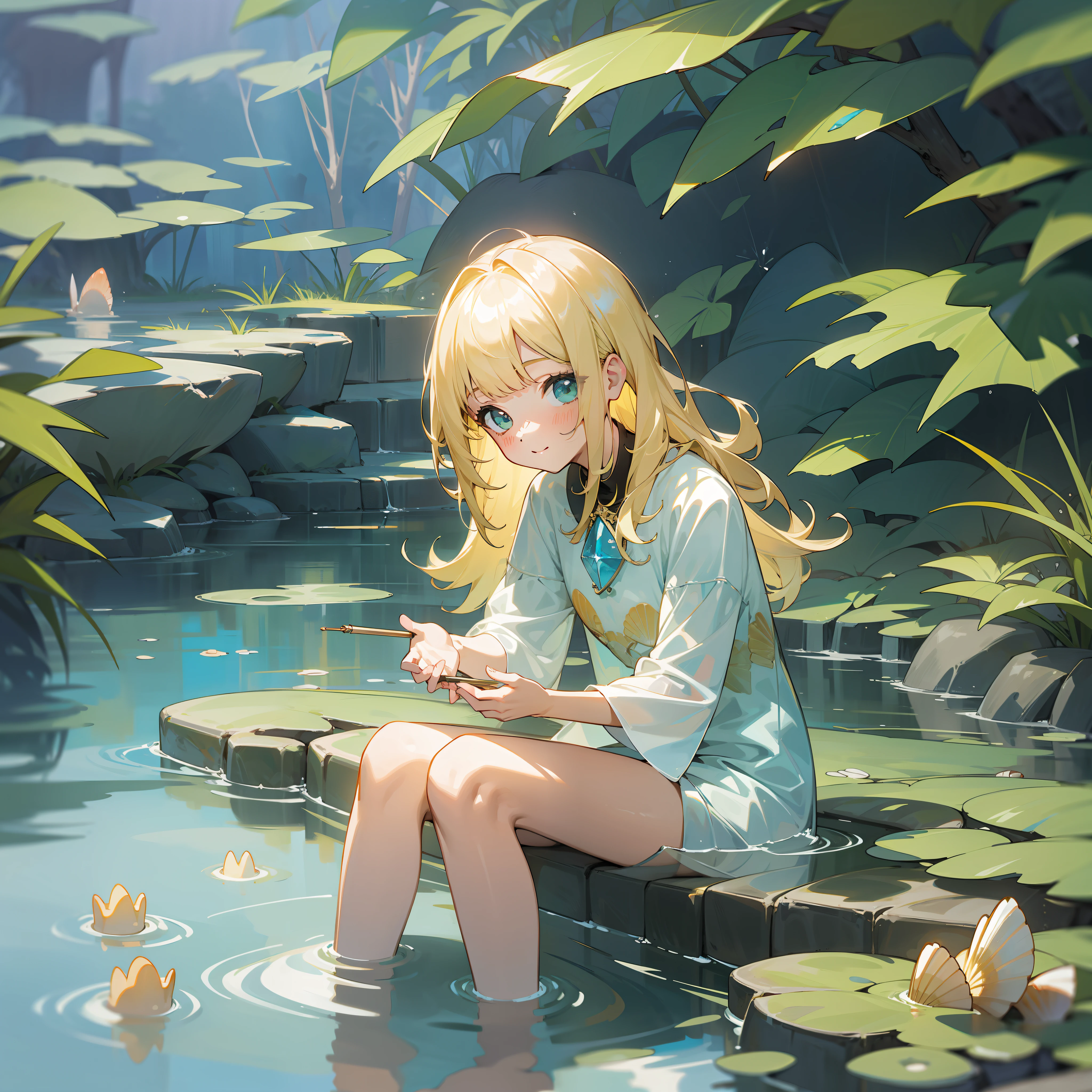Girl + Cute + Crystal Clear Water + Oasis + Pond + Shells + Perfect Hands + Blonde Fringe + Electric + Cheerful [Masterpiece, Ultra Detailed, Well-made, Award Winning Drawing, 8K, HD]