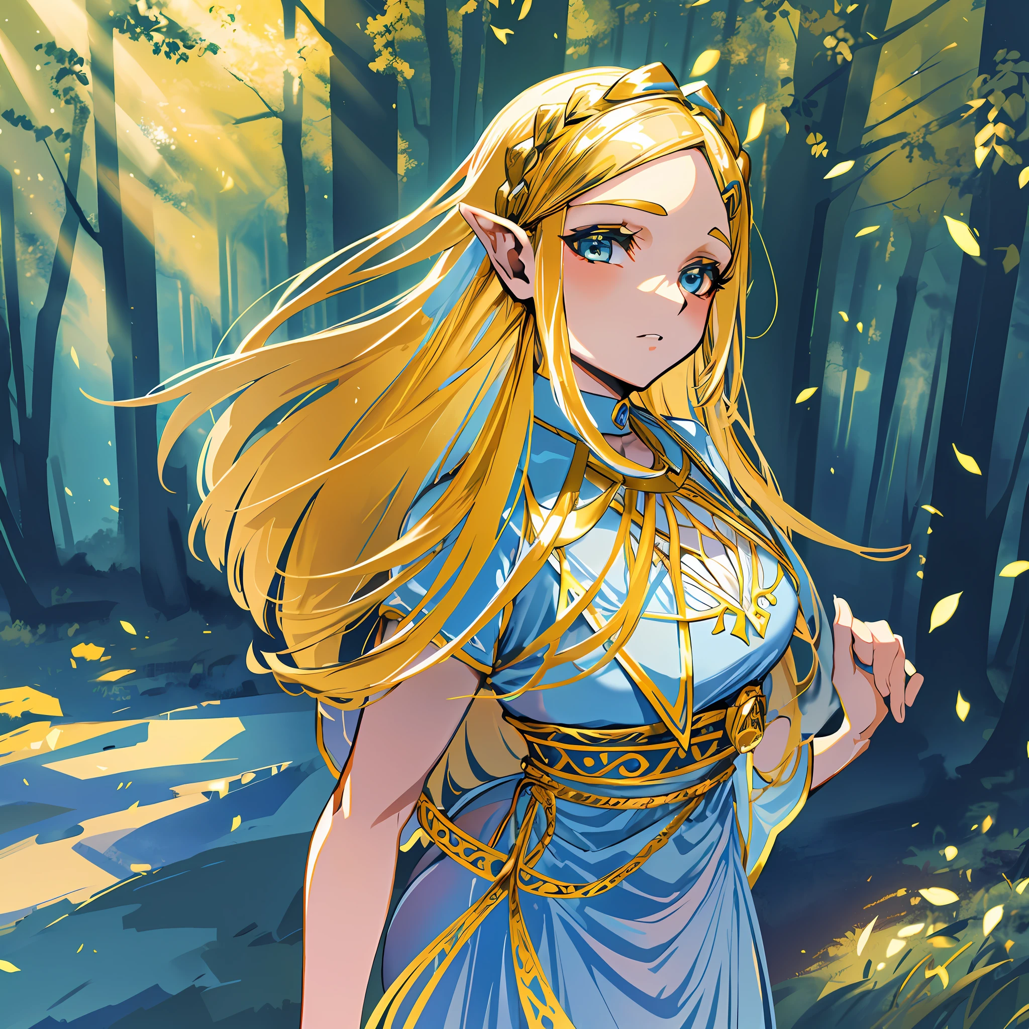 Princess Zelda wears a regal dress adorned with gold accents, and the dress itself is a lovely shade of blue that complements her golden blond hair. Her face is known to light up the room upon entering, as her presence brings comfort and hope to those around her. She stands at a medium height, and her golden blond hair is styled elegantly. She walks confidently through an open valley, with tall trees standing tall against the backdrop of the sky. Best quality, 8k, masterpiece 1girl, beautiful, ((camel toe:1,4)), (breasts:1,5), (ass:1.5)