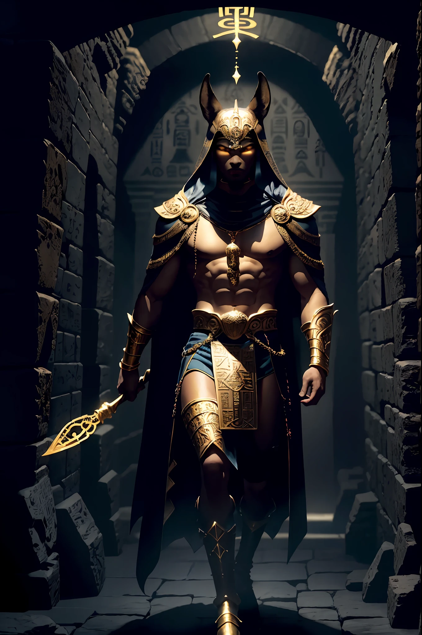 4k,highres, highest quallity, illustration, ultra detailed, cinematic lighting, best quality, hyper detailed, masterpiece, anubis, god of the dead, powerful and regal, standing in the underworld, holding the scales of justice, wrapped in intricate gold and jewel adorned fabrics, flanked by jackal-headed guards, ominous and detailed shadows, glowing hieroglyphs and mysterious symbols adorn the walls, dark and foreboding atmosphere.