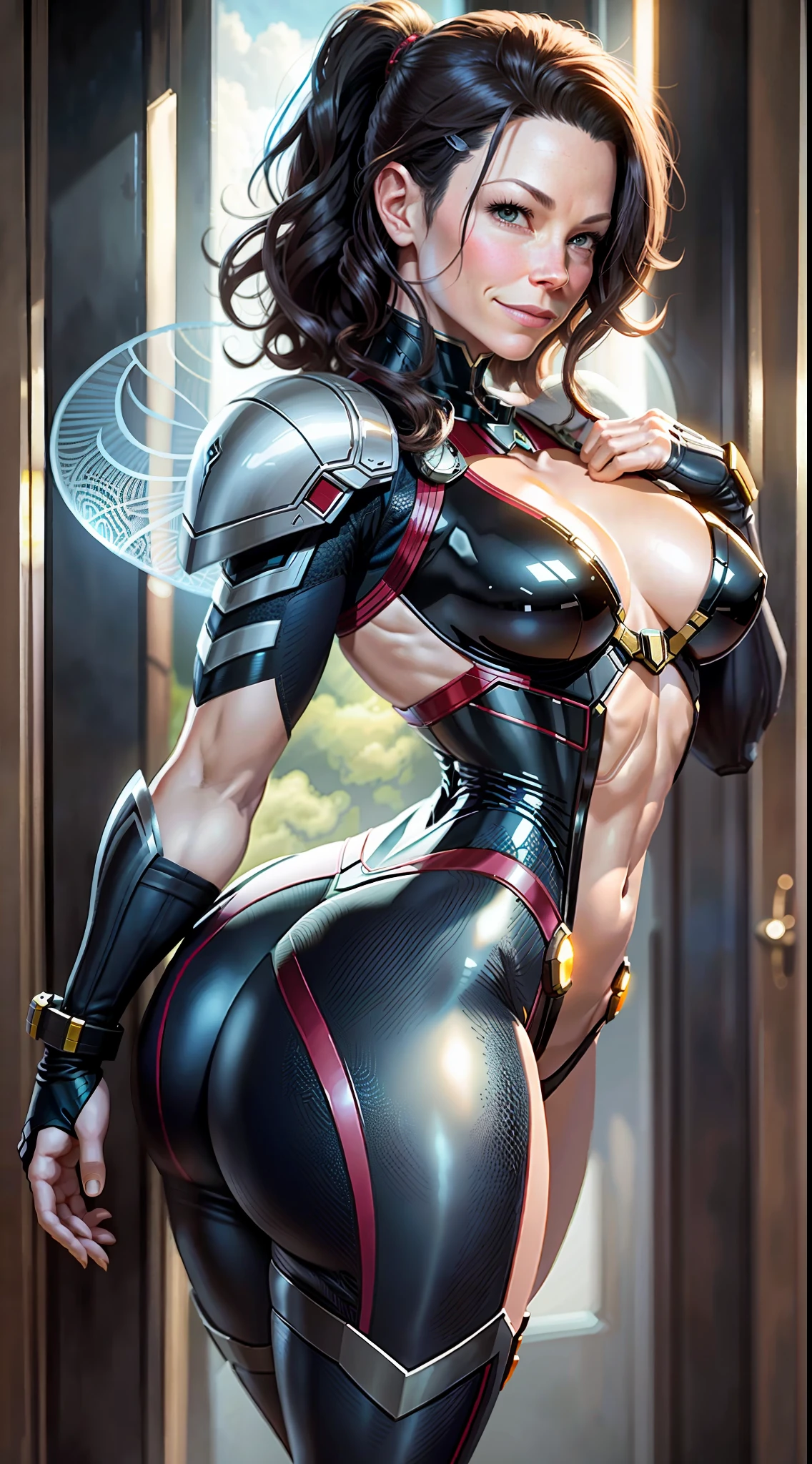 Evangeline Lilly - Wasp, alone, full body, slim, dressing a micro bikini, happy smile, wide hips, thick thighs, 4k, perfect eyes, perfect face, human pellet, malicious, no clothes, big ass