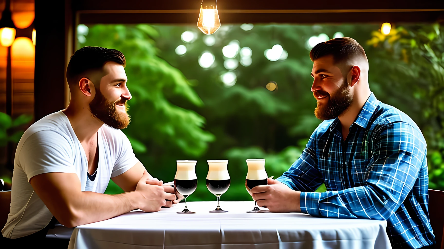 In a cozy restaurant, a table is set for two, adorned with a white tablecloth and flashing candlelight. (((Two stout, burly, lumberjack-like men))), are sitting across from each other, engaged in deep conversation. Their bodies are accentuated by (their plaid shirts and suspenders), and their neatly trimmed beards and short military-style haircuts add to their rugged charm.
As they talk, their eyes close with a tender, affectionate gaze, expressing a deep connection and romantic interest in each other. The soft light from a large glass window bathes their faces, casting a warm glow and accentuating their features. The subtle play of light and shadow creates an intimate and romantic atmosphere, enveloping them in an aura of affection and tenderness.
((His hands naturally gravitate toward each other on the table)), his fingers intertwine gently. The touch is soft but charged with emotion, symbolizing their shared connection and the beginning of a romantic journey.
The atmosphere of the restaurant is carefully crafted to enhance the romantic atmosphere. Soft background music fills the air, contributing to the intimate atmosphere. The aroma of delicious food hangs in the air, adding to the sensory experience. The surrounding tables are occupied by other diners, but they disappear in the background as the focus remains on the two men and their blossoming romance.
This scene is a testament to the power of love and connection, capturing a beautiful moment of tenderness and vulnerability between two individuals. The romantic atmosphere, enhanced by soft lighting and subtle details, invites viewers to feel the warmth and intimacy of their connection.