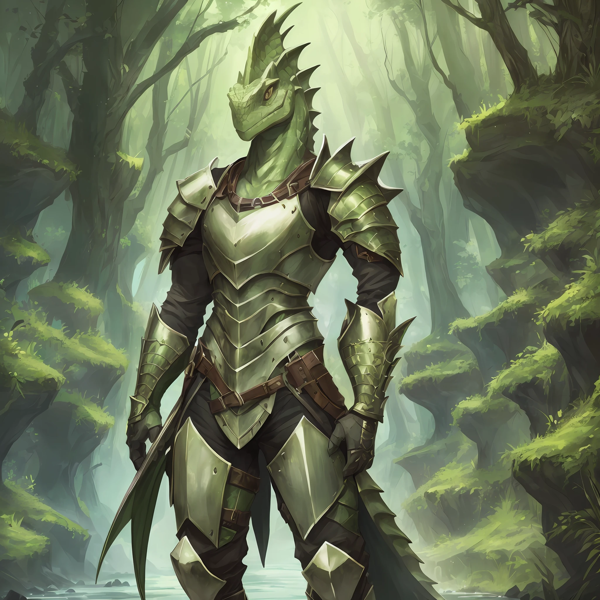 (single anthropomorphic dnd lizardfolk bard, no-nipples, nippleless, no duplicate, no duplicate eyes, no duplicate head, he has one large scaly fin starting from his head and extending down slightly onto his neck and torso, The crest should stand out, no ears, earless, no wings, wingless, no horn, hornless, upright posture, male, reptilian long tail, charismatic, he is wearing a fullplate armor) (#E4FFD1 skin: 0.3, scaly skin: 0.1), (human face: 0.3, lizard face: 0.1)), facing the camera, over_grown, fantasy, fantastic, 8K resolution, unreal engine, realistic anthropomorphism --auto --s2