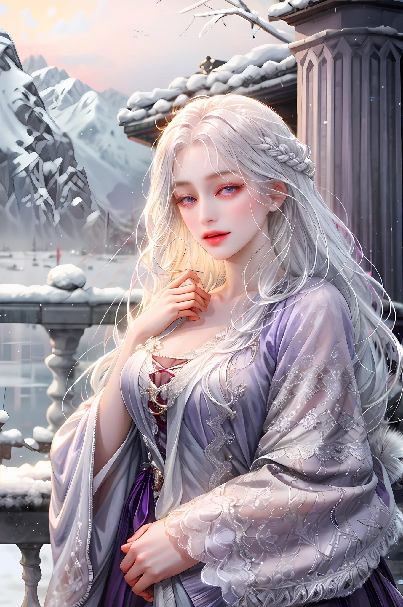 Noble lady with wavy white hair and purple eyes in winter
