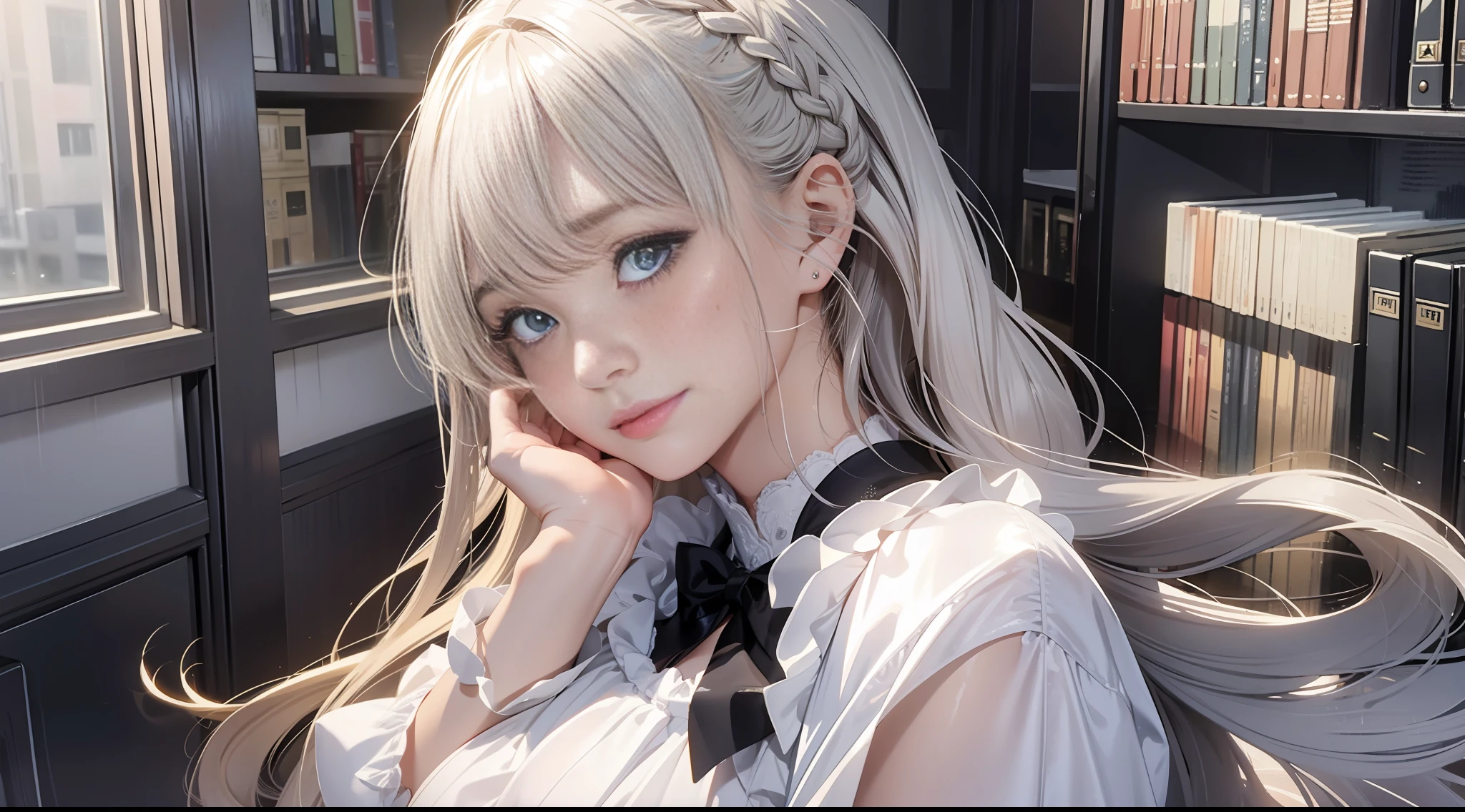 Masterpiece: 1.1, Best Quality: 1.1, Very High Definition: 1.1, Ultra High Definition CG Unity 8k Wallpaper: 1.1, Sit on Throne: 1.1, Portrait Photo: 1.2, Detailed and Shiny Skin: 1.2, Detailed and Shiny Lips: 1.2, Detailed and Shiny Hair: 1.2, Dusk, Warm Light, Cinematic Light, 1 Woman, Chest on Chest: 1.4, Ribbon on Chest: 1.3, White Shirt, Long Gray Skirt, Voluptuous, Blonde Super Long: 1.5, Braided Hair, Looking at the Camera, Study with Many Bookshelves: 1.2, Mature Woman: 1.2, Troubled Eyebrows, Crying Smile