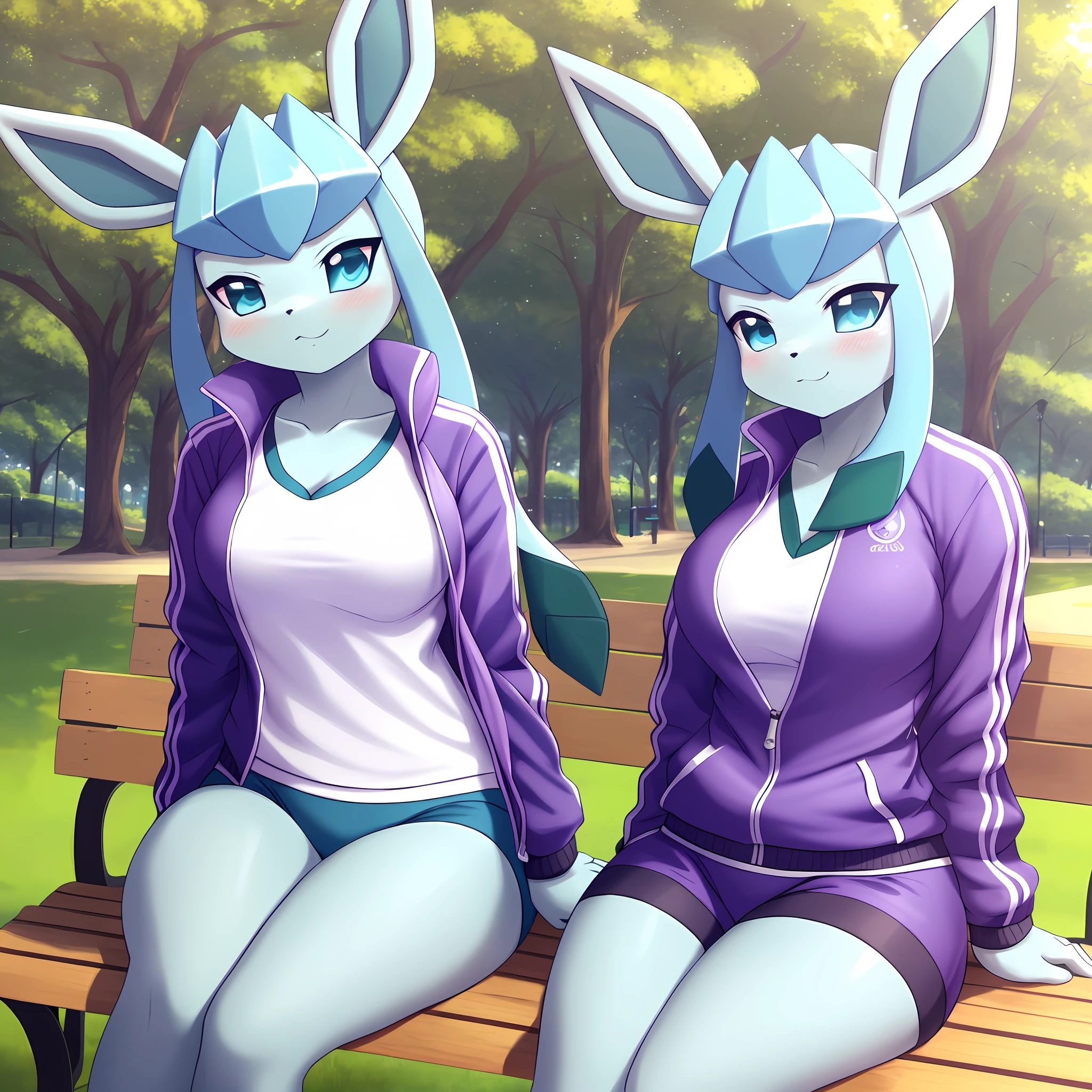 glaceon, Beautiful Art Style, solo, 1girl, tracksuit, noun, seiza, sitting on a bench, park, legs open, showing her underwear, mischievous look, smile, blush, wearing a sports jacket. Open jacket showing large, rounded female breasts.