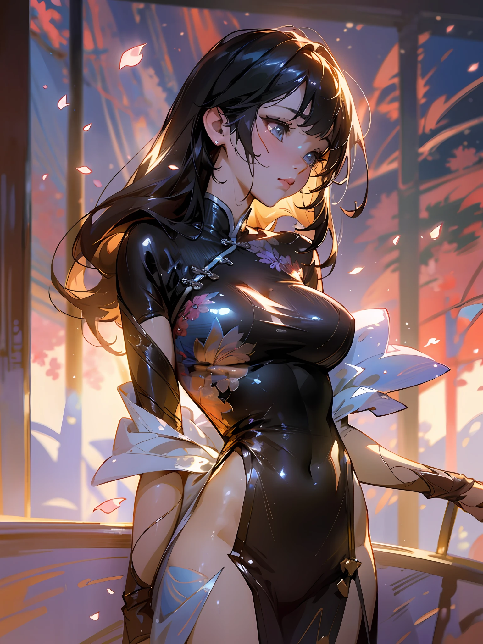 (photorealistic:1.3),(hyperrealistic:1.3),(extremely detailed CG unity 8K wallpaper),(beautiful and clear background:1.2), detailed background, (rim lighting, spot lighting:0.75), ((good ???????)),fashion model, (finely detailed face and beautiful eyes),(cowboy_shot:1.3),dynamic angle,

(1girl), solo,chinese clothes, china dress,wet clothes, ?????????????, huge ???, cool & ???? \(idolmaster\),, looking away, 

petals,reflection light,out door,warm light,