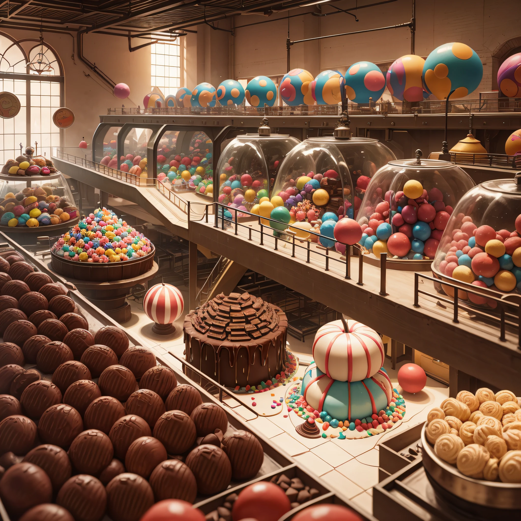 When I arrived at the factory, it was like a dream world. The walls were lined with delicious sweets, and there was a chocolate waterfall, a gumball tree, a cookie tower, a candy production line, and a chocolate fountain, making it a dream confectionery factory. --auto --s2