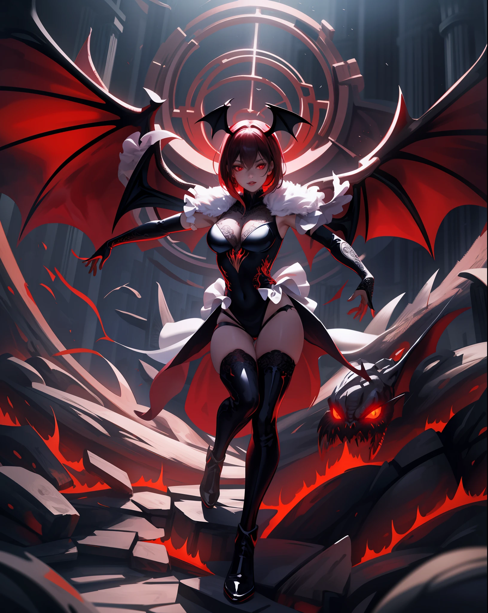 Fine, (Best Illustration), 8k Resolution, Intricate Details, Best Quality, Realistic, Ultra Detailed, Best Lighting, Best Shadows, Ultra HD, A Necromancer, Night, Magic, Dark Style, Vampire, Bat wings, red glowing eyes, black leotard,