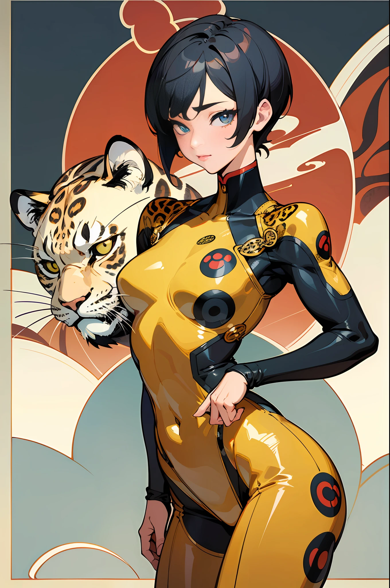 (Masterpiece)), (Best Quality)), (Very Detailed), (Very Detailed)), 4K, (8K), (Beautiful), Perfect Anatomy, Flat Color,Retro Art Style,Ukiyo-e Style, Supermodel, Shortcut Hair, Solo, Leopard Print Full Body Rubber Bodysuit, Meticulously Rendered Face, Beautiful Eyes, Female Physique, Goddess of Beauty, Film Lighting,