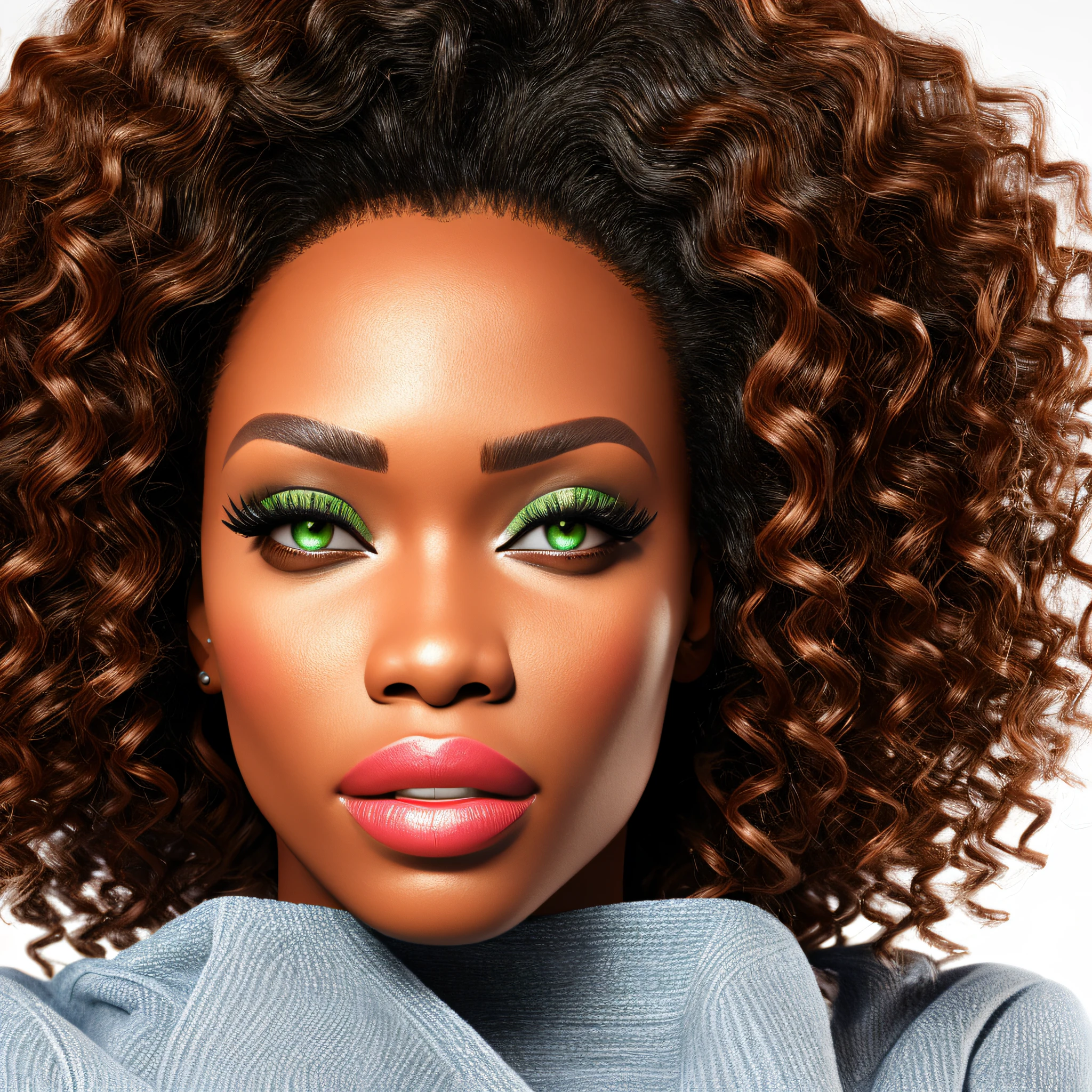 realistic black woman, green eyes, curls in hair, thick lips, realistic, high resolution, 8k