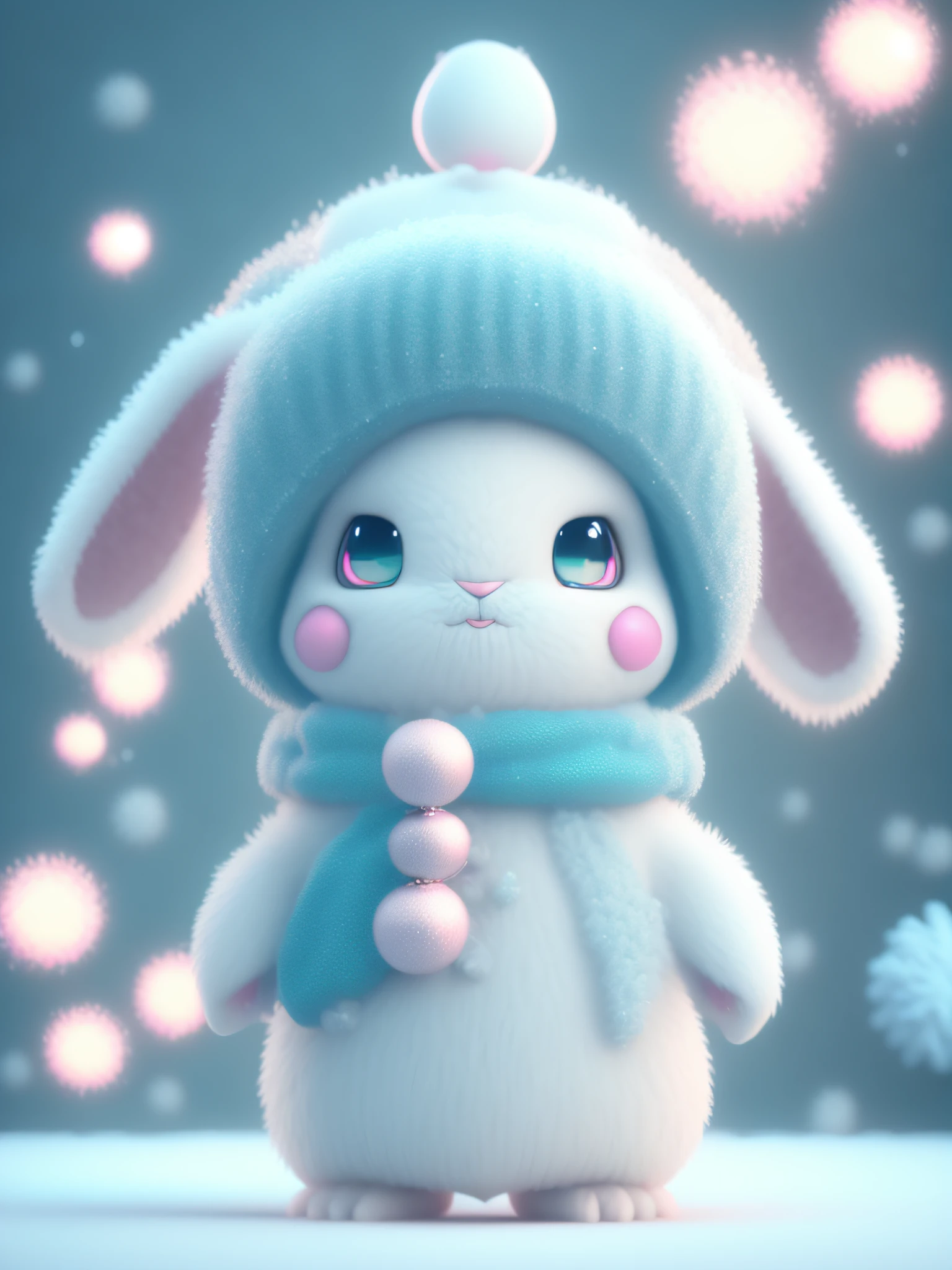 Front view, 3D, in a winter season, small and cute anthropomorphic white rabbit cubs, wearing pink fisherman's hat, soft cyan windbreaker and soft slippers, full body, standing, symmetrical ears, bright big eyes, sweet smiling face, holding glowing glass beads, Christmas scene, fluffy snow, complex furry details, soft movie lighting, 8k, portrait, Pokmon animation style, octane rendering, rendering in the Unreal Engine, high quality
