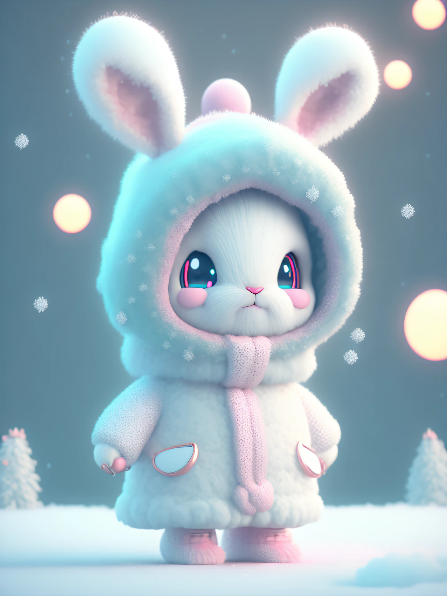 Front view, 3D, in a winter season, small and cute anthropomorphic white rabbit cubs, wearing pink fisherman's hat, soft cyan windbreaker and soft slippers, full body, standing, symmetrical ears, bright big eyes, sweet smiling face, holding glowing glass beads, Christmas scene, fluffy snow, complex furry details, soft movie lighting, 8k, portrait, Pokmon animation style, octane rendering, rendering in the Unreal Engine, high quality