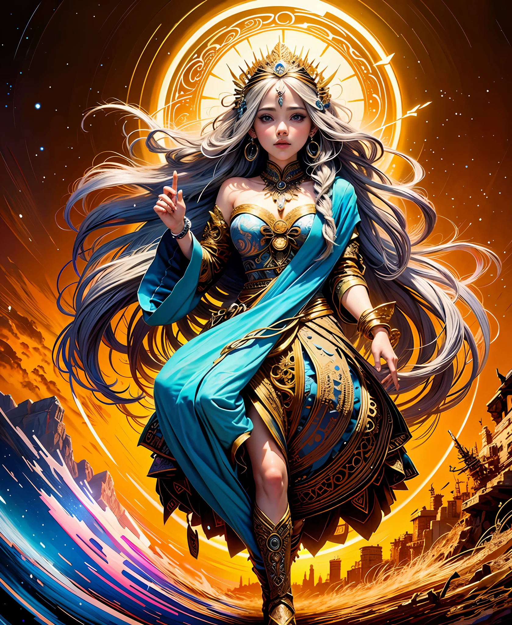 official art, 8k unit wallpaper, ultra detailed, beautiful and aesthetic, high quality, beautiful, masterpiece, best quality (zentangle, mandala, tangled, tangled: 0.6), a young goddess in her 20s, long silver hair, sun goddess,