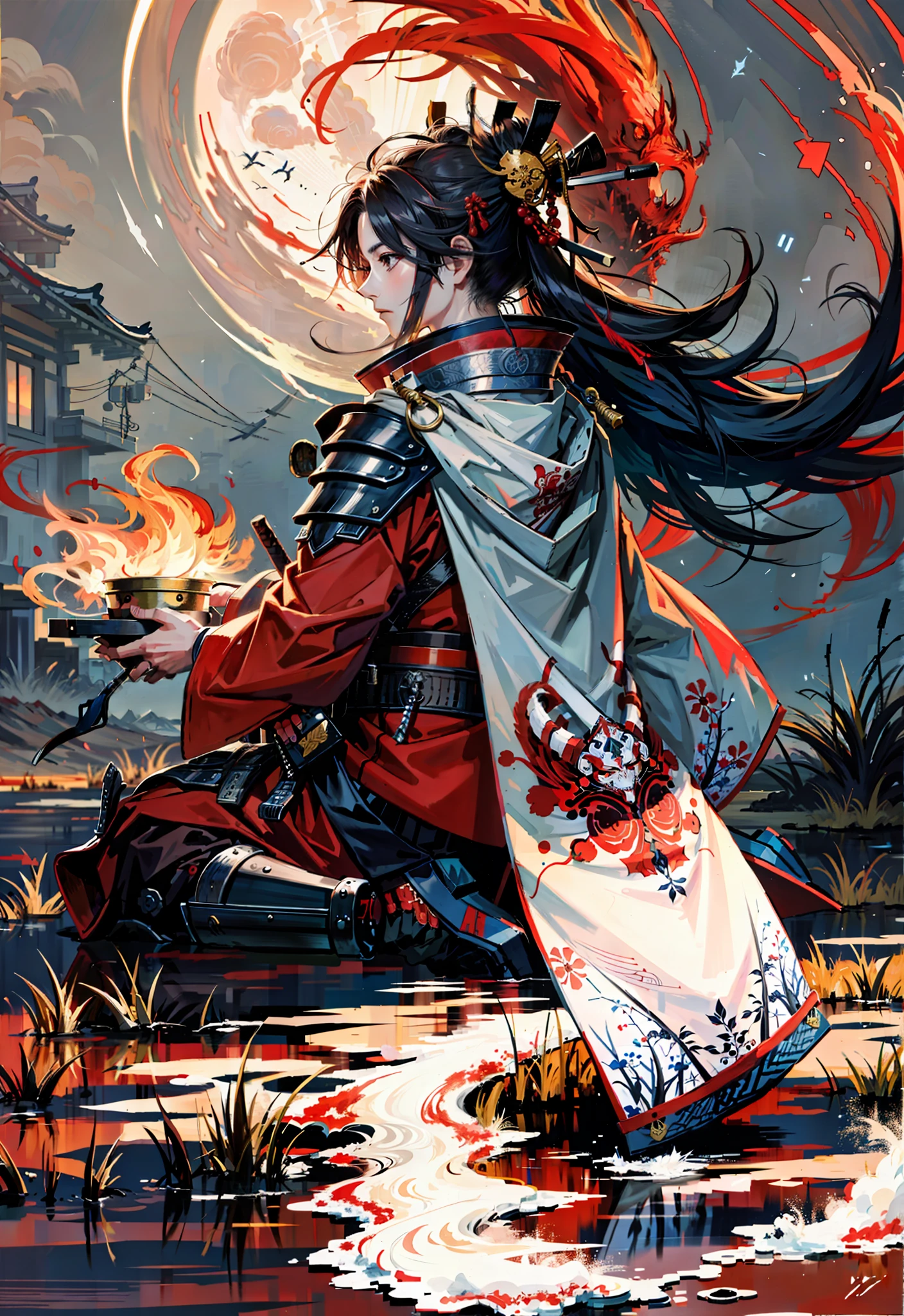man,masterpiece, best quality, samurai in red kimono, airborne flowing fabric, moon, boreal steppe, sfw