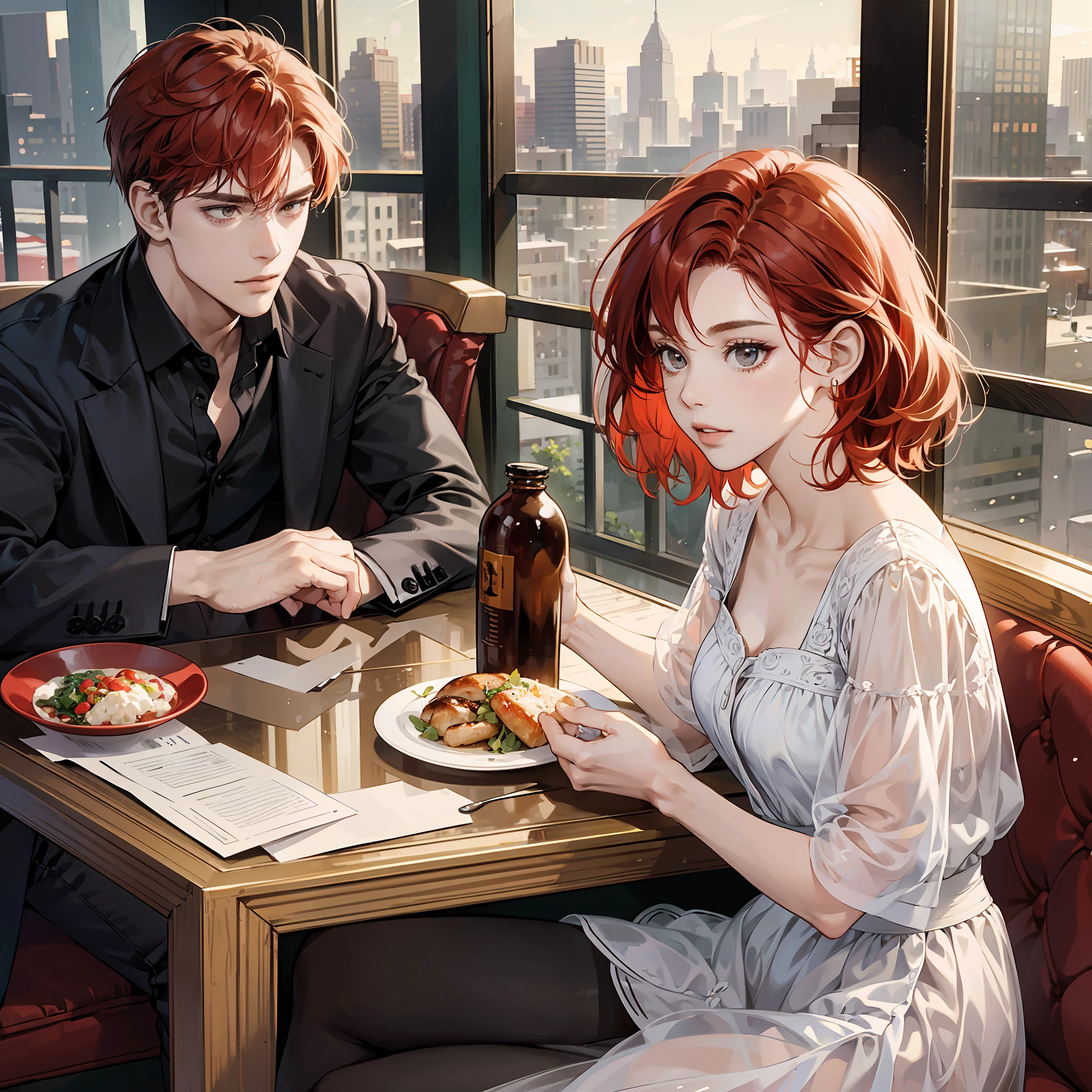Couple of a man and a woman, the woman has short red hair they are friends, and are elegant dress sitting in a restaurant talking. The scene should be lit with natural light, the environment should be casual and welcoming, and the framing should be close to the couple, highlighting their facial expressions and body language." (EN) --auto --s2