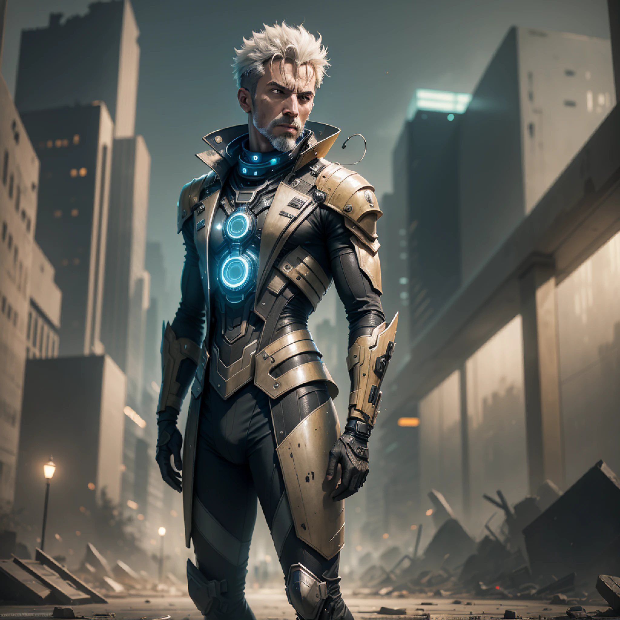 a man in a futuristic outfit, speaking to several people, in a ruined city, devastated, at night, dirty, poor, destroyed without light, --auto --s2