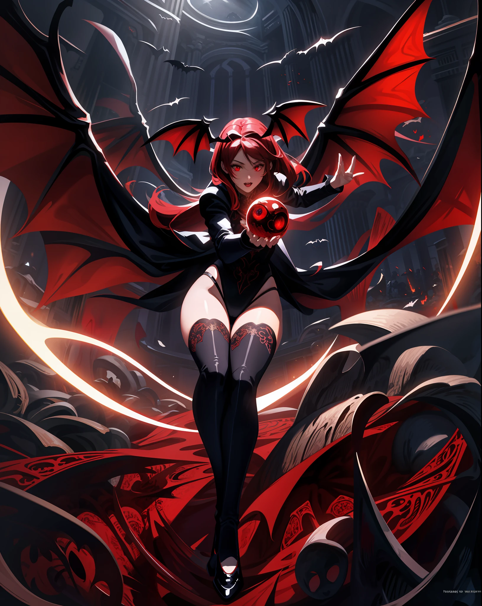 Fine, (Best Illustration), 8k Resolution, Intricate Details, Best Quality, Realistic, Ultra Detailed, Best Lighting, Best Shadows, Ultra HD, A Necromancer, Night, Magic, Dark Style, Vampire, Bat wings, red glowing eyes, black leotard,