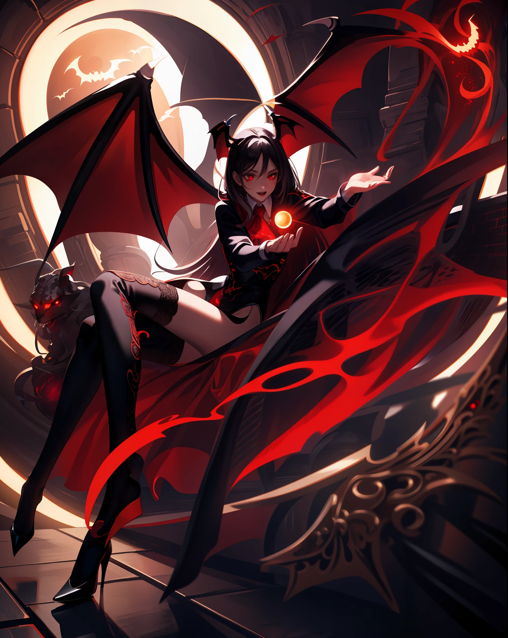 Fine, (Best Illustration), 8k Resolution, Intricate Details, Best Quality, Realistic, Ultra Detailed, Best Lighting, Best Shadows, Ultra HD, A Necromancer, Night, Magic, Dark Style, Vampire, Bat wings, red glowing eyes, black leotard,