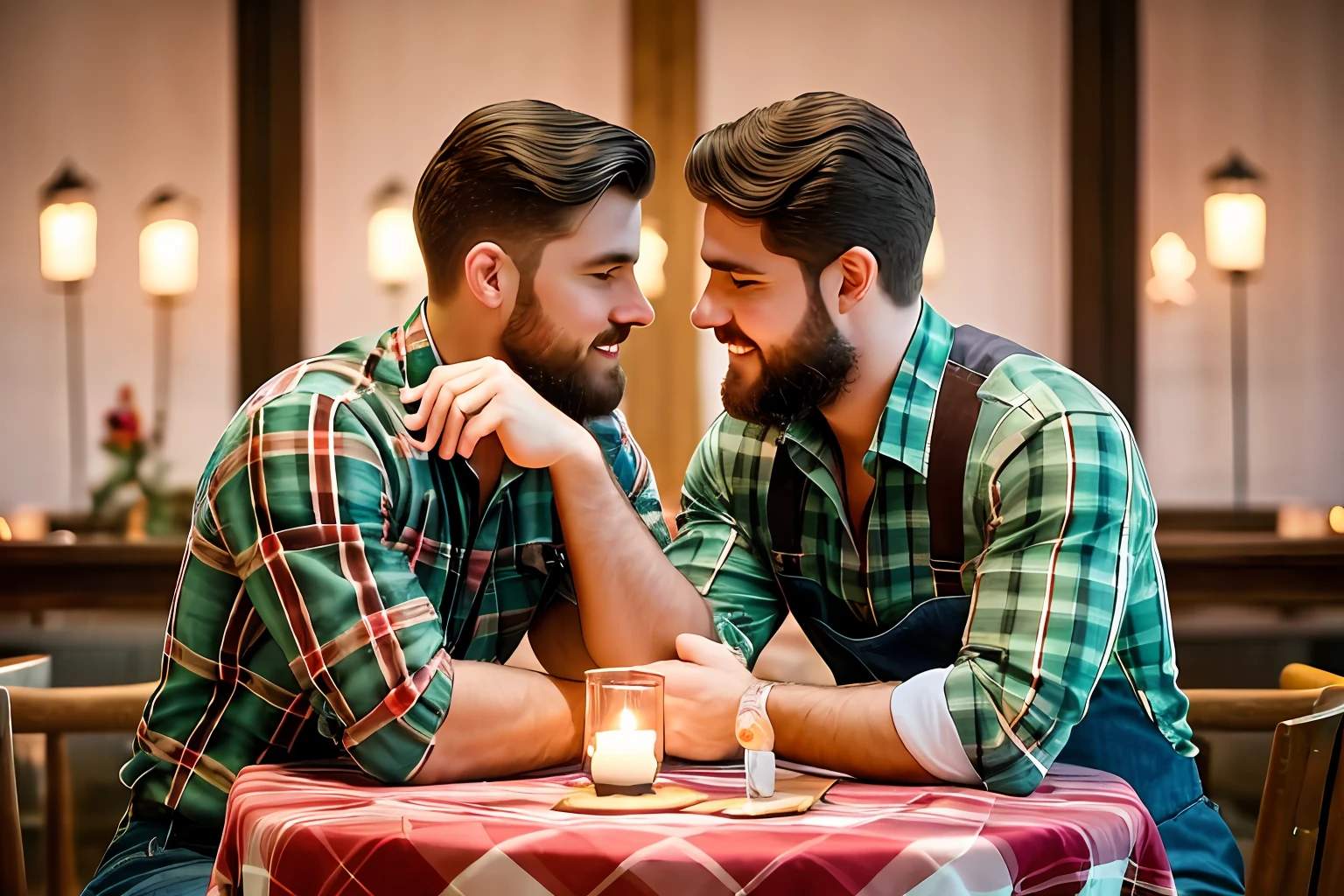 In a cozy restaurant, a table is set for two, adorned with a white tablecloth and flashing candlelight. (((Two stout, burly, lumberjack-like men))), are sitting across from each other, engaged in deep conversation. Their bodies are accentuated by (their plaid shirts and suspenders), and their neatly trimmed beards and short military-style haircuts add to their rugged charm.

As they talk, their eyes close with a tender, affectionate gaze, expressing a deep connection and romantic interest in each other. The soft light from a large glass window bathes their faces, casting a warm glow and accentuating their features. The subtle play of light and shadow creates an intimate and romantic atmosphere, enveloping them in an aura of affection and tenderness.

((His hands naturally gravitate toward each other on the table)), his fingers intertwine gently. The touch is soft but charged with emotion, symbolizing their shared connection and the beginning of a romantic journey.

The atmosphere of the restaurant is carefully crafted to enhance the romantic atmosphere. Soft background music fills the air, contributing to the intimate atmosphere. The aroma of delicious food hangs in the air, adding to the sensory experience. The surrounding tables are occupied by other diners, but they disappear in the background as the focus remains on the two men and their blossoming romance.

This scene is a testament to the power of love and connection, capturing a beautiful moment of tenderness and vulnerability between two individuals. The romantic atmosphere, enhanced by soft lighting and subtle details, invites viewers to feel the warmth and intimacy of their connection.