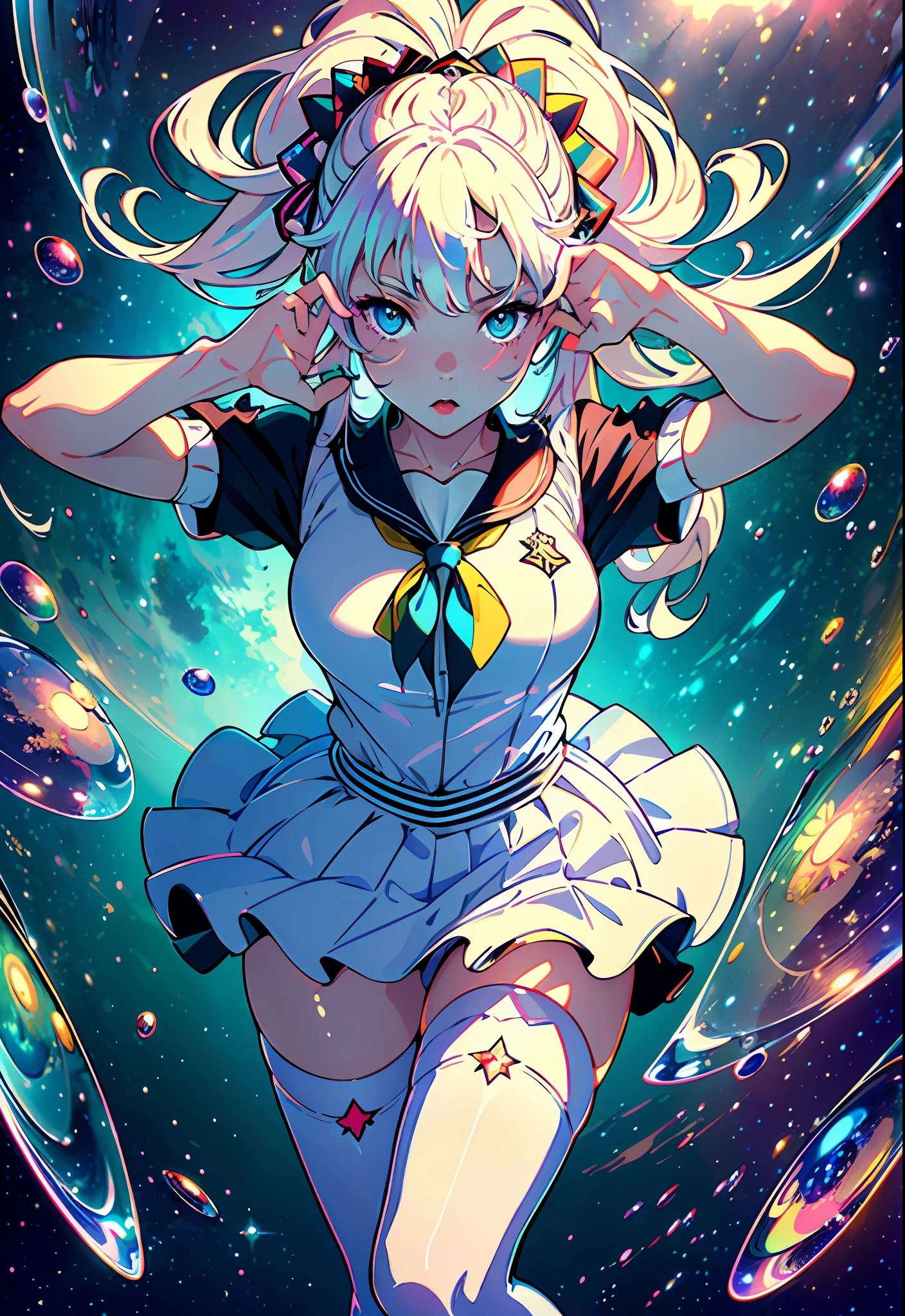 (masterpiece), (best quality), (official art, extremely detailed CG unity 8k wallpaper), (highly detailed), ((absurdres)), 1girl, mid shot, (exquisite facial features),(serafuku:1.3) ((sfw)),((clear hands)), ((white thighhighs without shoes)),aqua eyes, color contact lenses, stars in the eyes, (((colorful bubble))), colourful glass, (album cover)