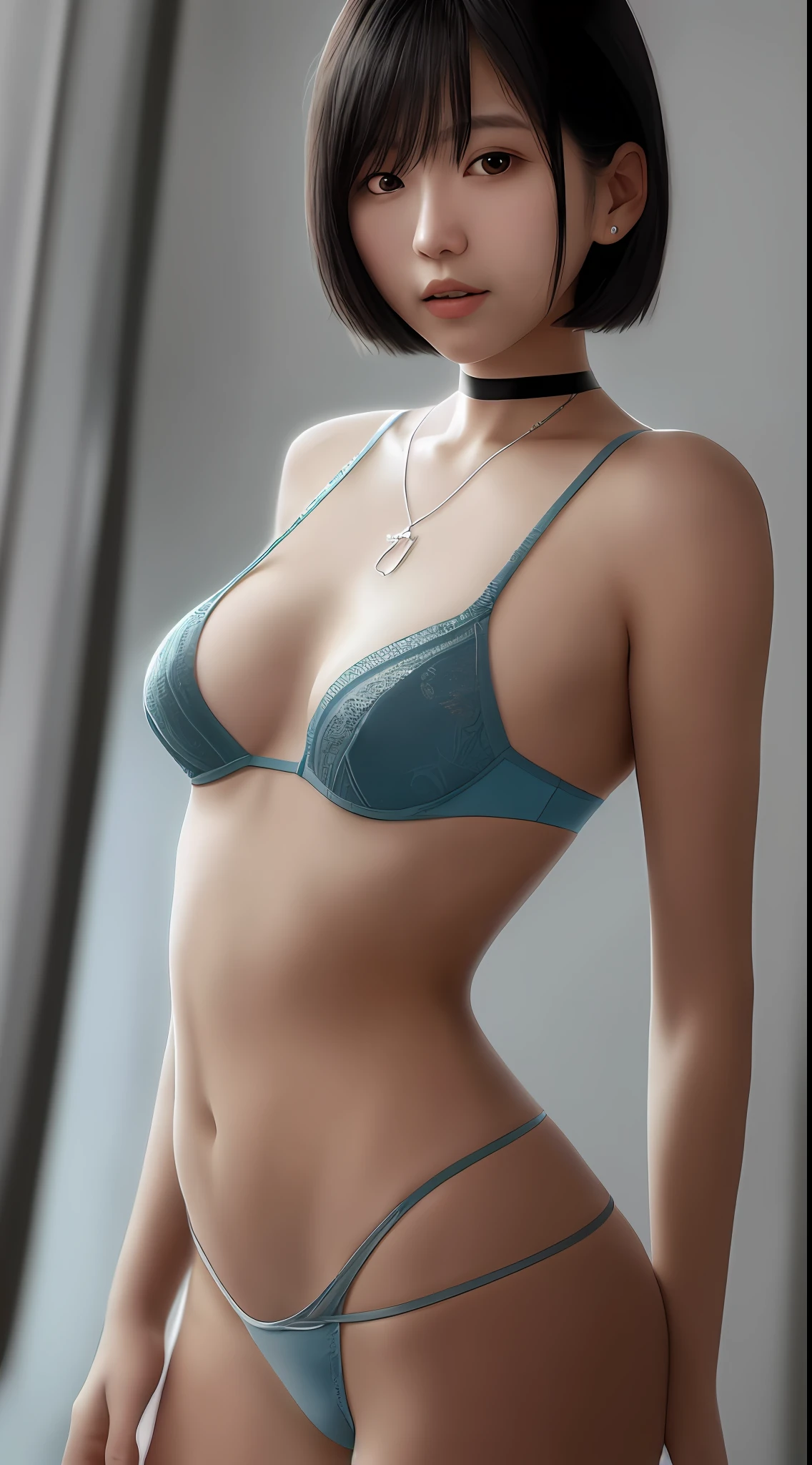 Silver Bob, (8k, RAW photo, photorealistic: 1.25), (lip gloss very much, eyelashes, watery eyes, best quality, ultra high resolution, depth of field, chromatic aberration, caustics, wide light, thin bra, woman in her 20s, solo) staring at the viewer, necklace, choker, full body, big, mole on the chest, thin underwear, bare legs, no panty, one, Japan person, Medium hair, chest sticking out, angle from below