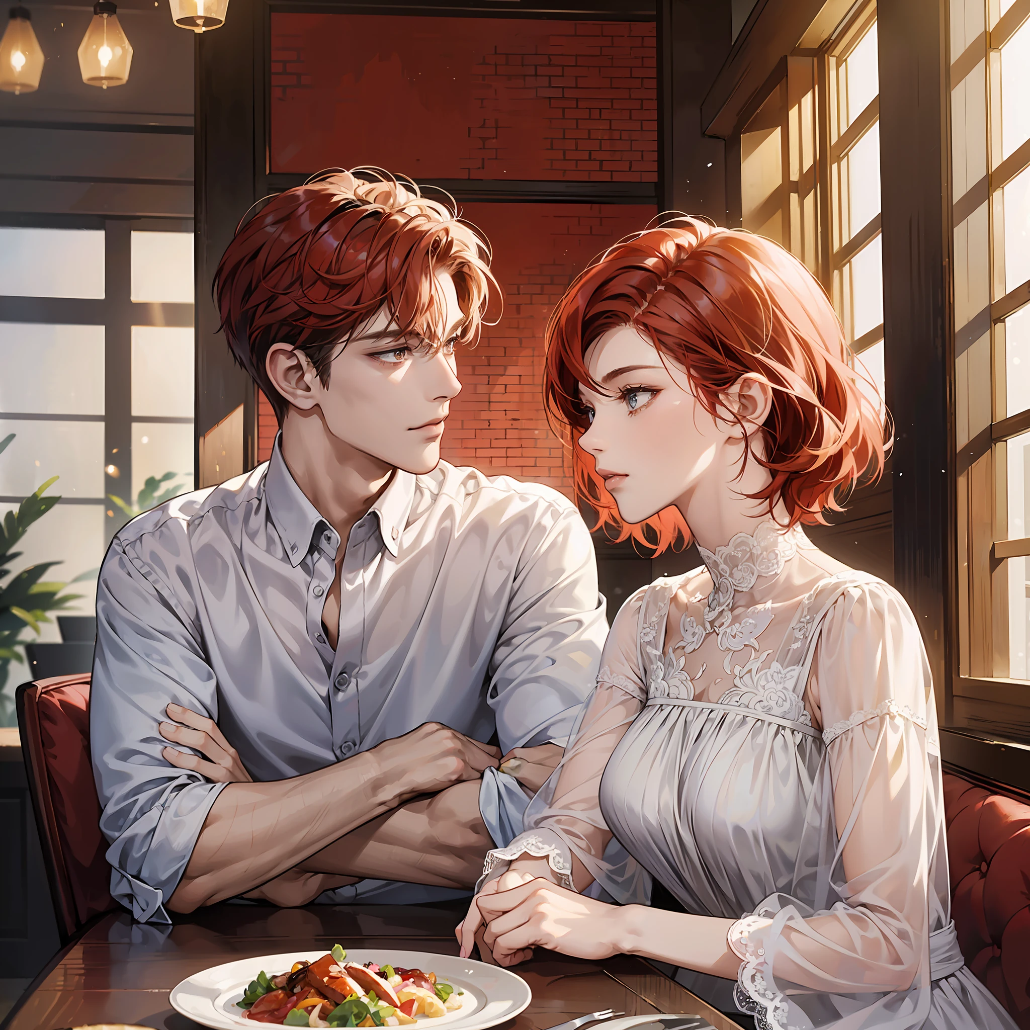 Couple of a man and a woman, the woman has short red hair they are friends, and are elegant dress sitting in a restaurant talking. The scene should be lit with natural light, the environment should be casual and welcoming, and the framing should be close to the couple, highlighting their facial expressions and body language." (EN) --auto --s2