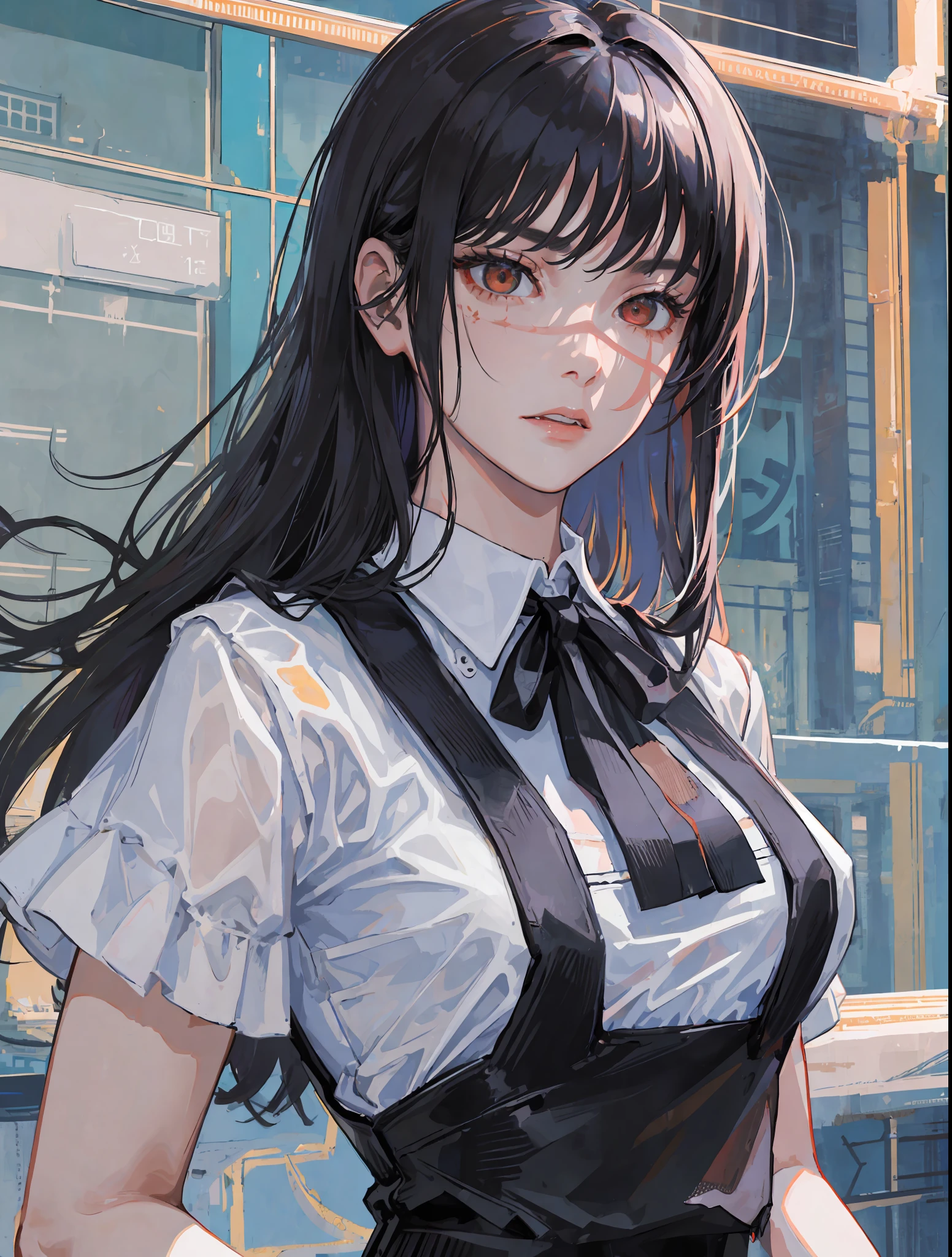 ((masterpiece, best quality)), (1girl), (solo), (female focus), yoru \(chainsaw man\),(very detailed face, real image, realistic white skin, realistic body, intricate details), upper body, focus on face, black hair tied, long hair, intimidating look, black pinafore dress, shirt, neck ribbon, small breasts