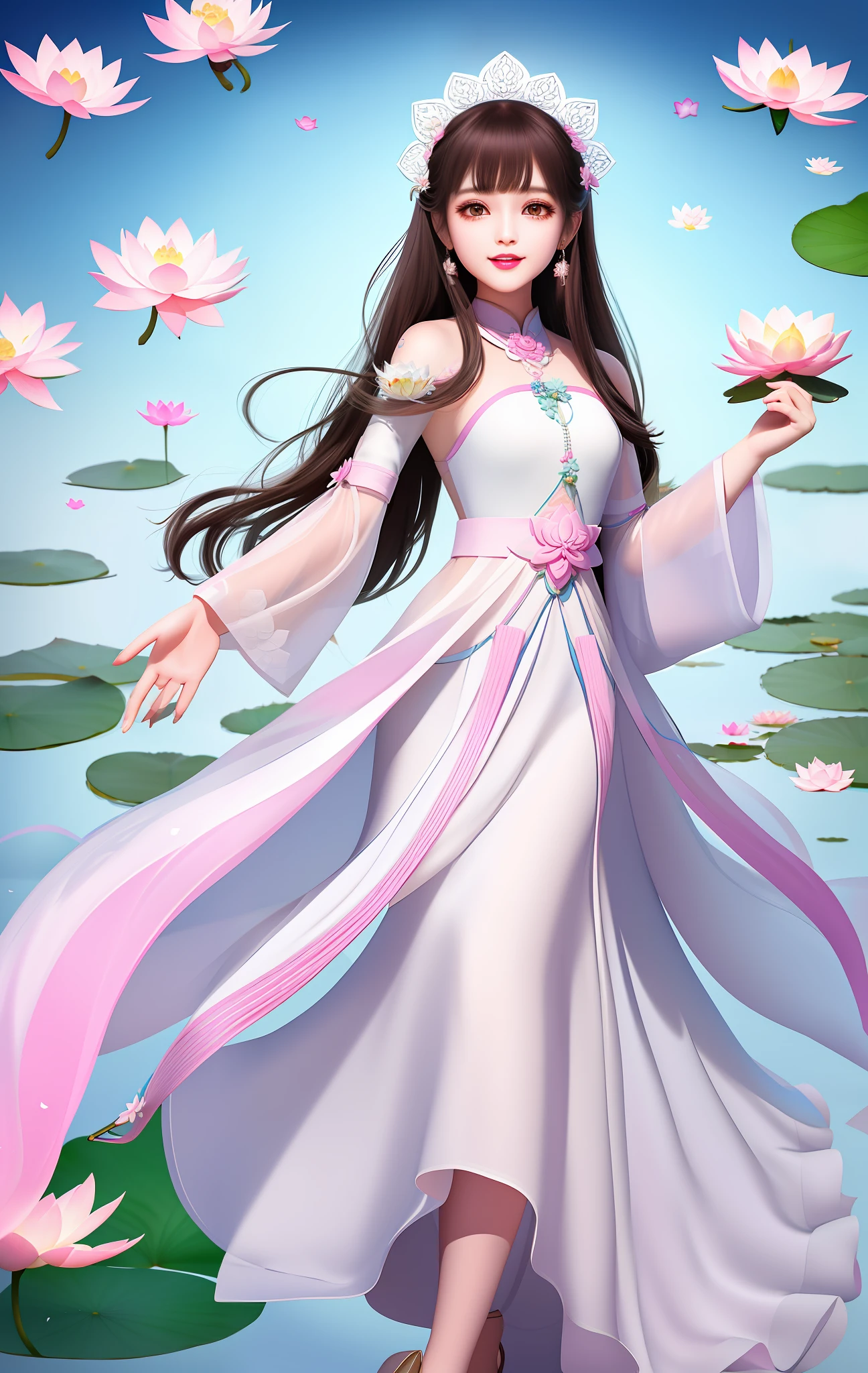 Four years old cute baby girl, best quality, masterpiece, small body, dark brown color long hair, white skin ,pink lips, Beautiful eyes, smile face, blue color long dress.she holding white lotus flowers in her hand, many lotus flowers around her.
