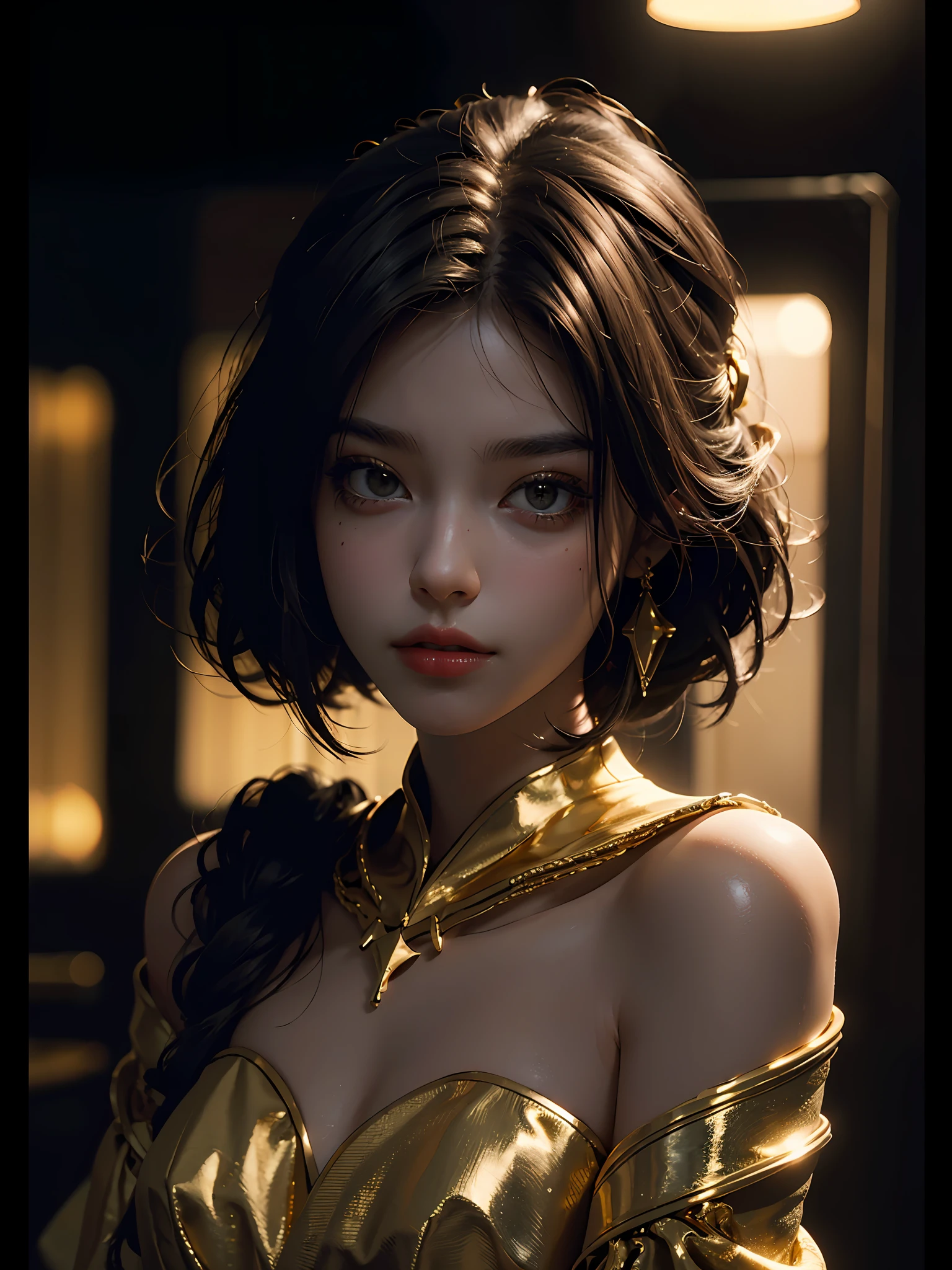 (Front Focus) Best Quality, Masterpiece, Ultra High Resolution, (Photo, Original Photo, 1girl, Suite, Cinematic Lighting, Gold Accessories, 8K, High Quality