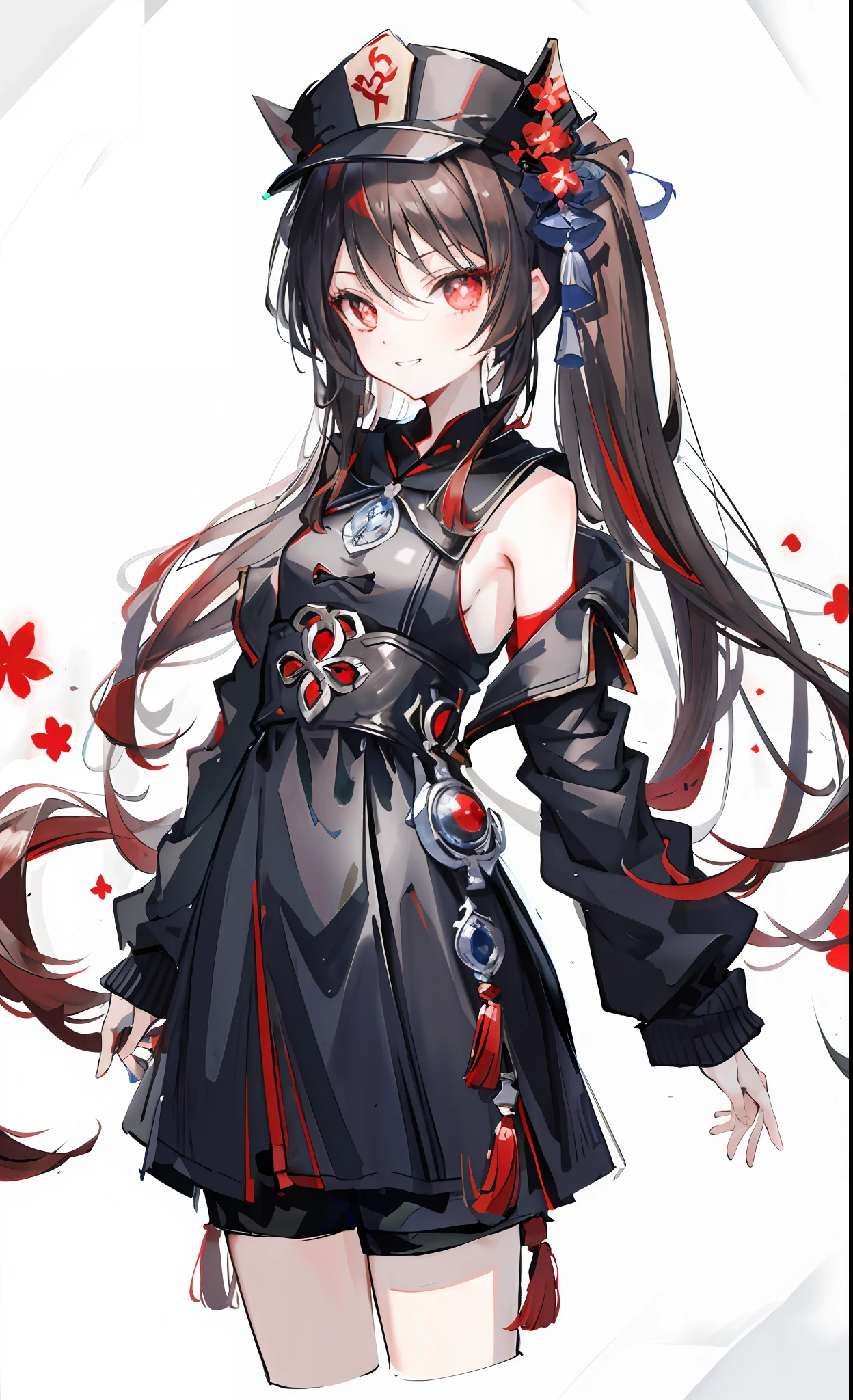 (masterpiece:1.3), (best quality), 1girl, small breasts, very detailed red eyes, very detailed face, white background, highres, absurdres, grin, standing, very detailed, looking at viewer, cowboy shot, solo, vivid colors, hu tao (genshin impact), symbol shaped pupils, hat, long brown hair, bangs, twintails, flower-shaped pupils, black coat, coattails, black short shorts, red shirt, arms behind back