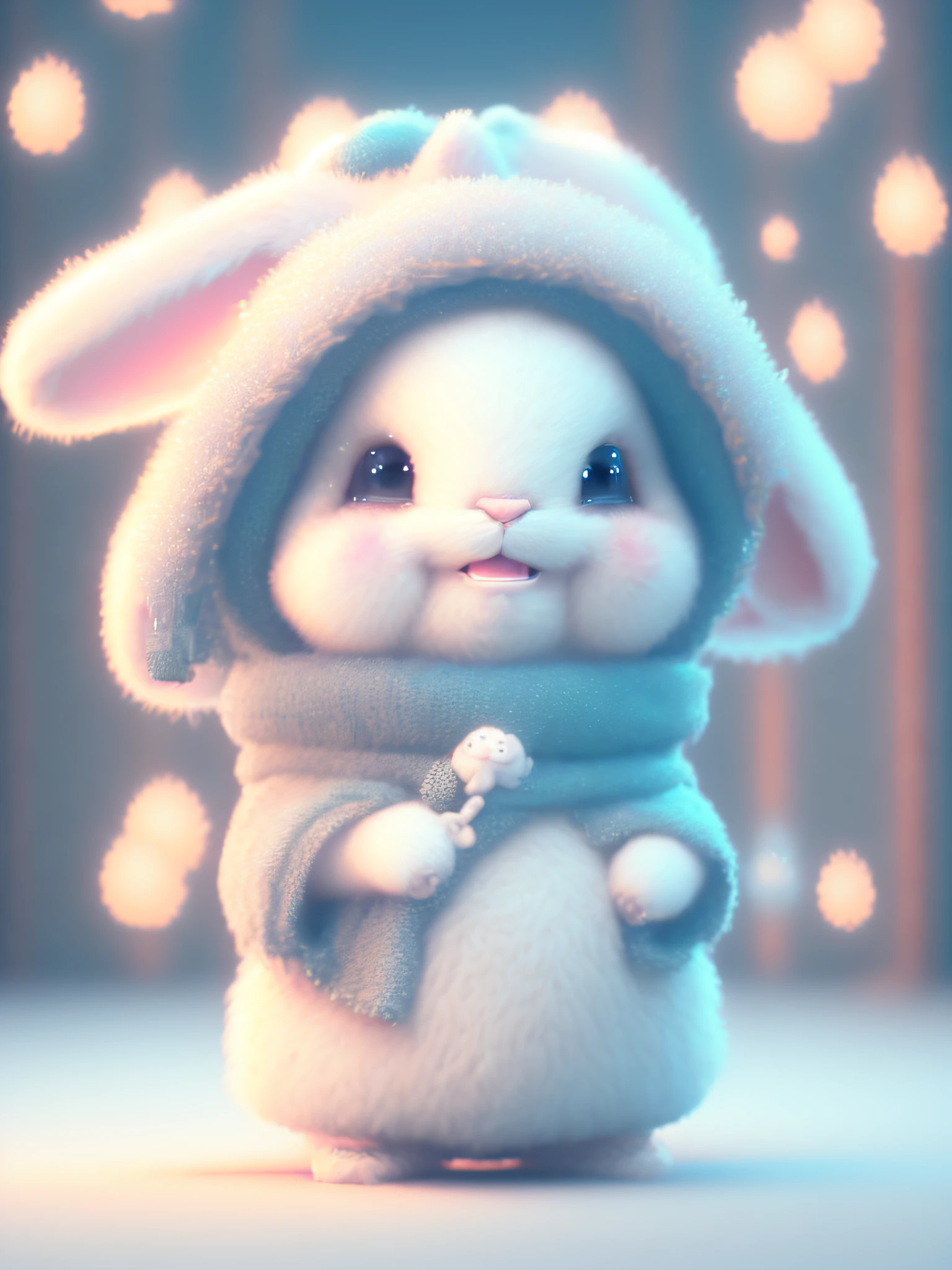 Cute cute rabbits waving and smiling hello to me, Unreal Engine, cozy interior lighting, art stations, detailed digital paintings, films, character designs by Mark Ryden and Pixar and Hayao Miyazaki, Unreal 5, DAZ, Surrealism, Octane rendering