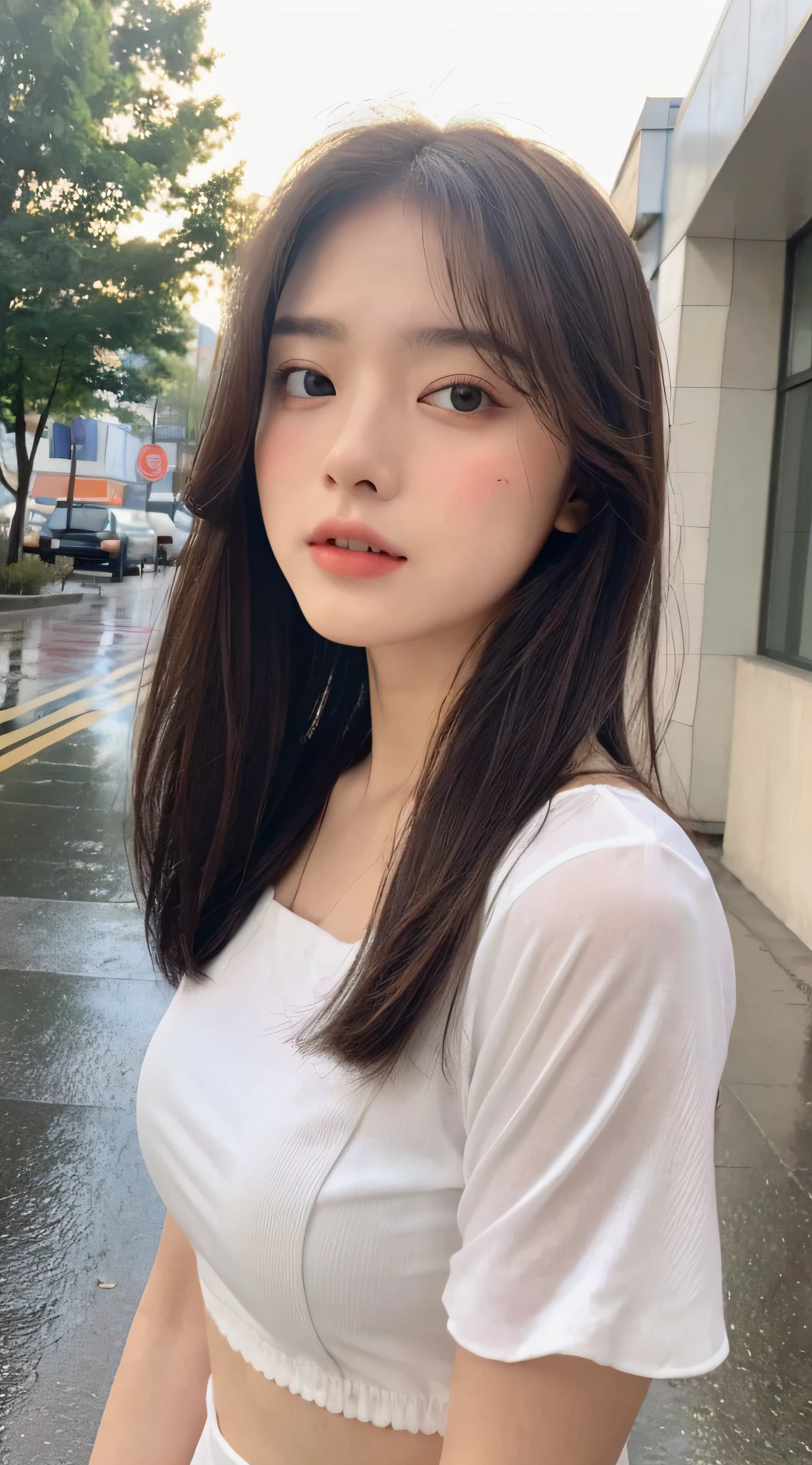((Top Quality, 8k, Masterpiece: 1.3)), Focus: 1.2, Perfect Body Beauty: 1.4, Buttocks: 1.2, Middle Chest: 1.5, (Layered Haircut: 1.2)), (Rain, Street: 1.3), Highly Detailed Face and Skin Texture, Narrow Eyes, Double Eyelids, Whitening Skin, Long Hair, (Round Face: 1.5), sweet_ta