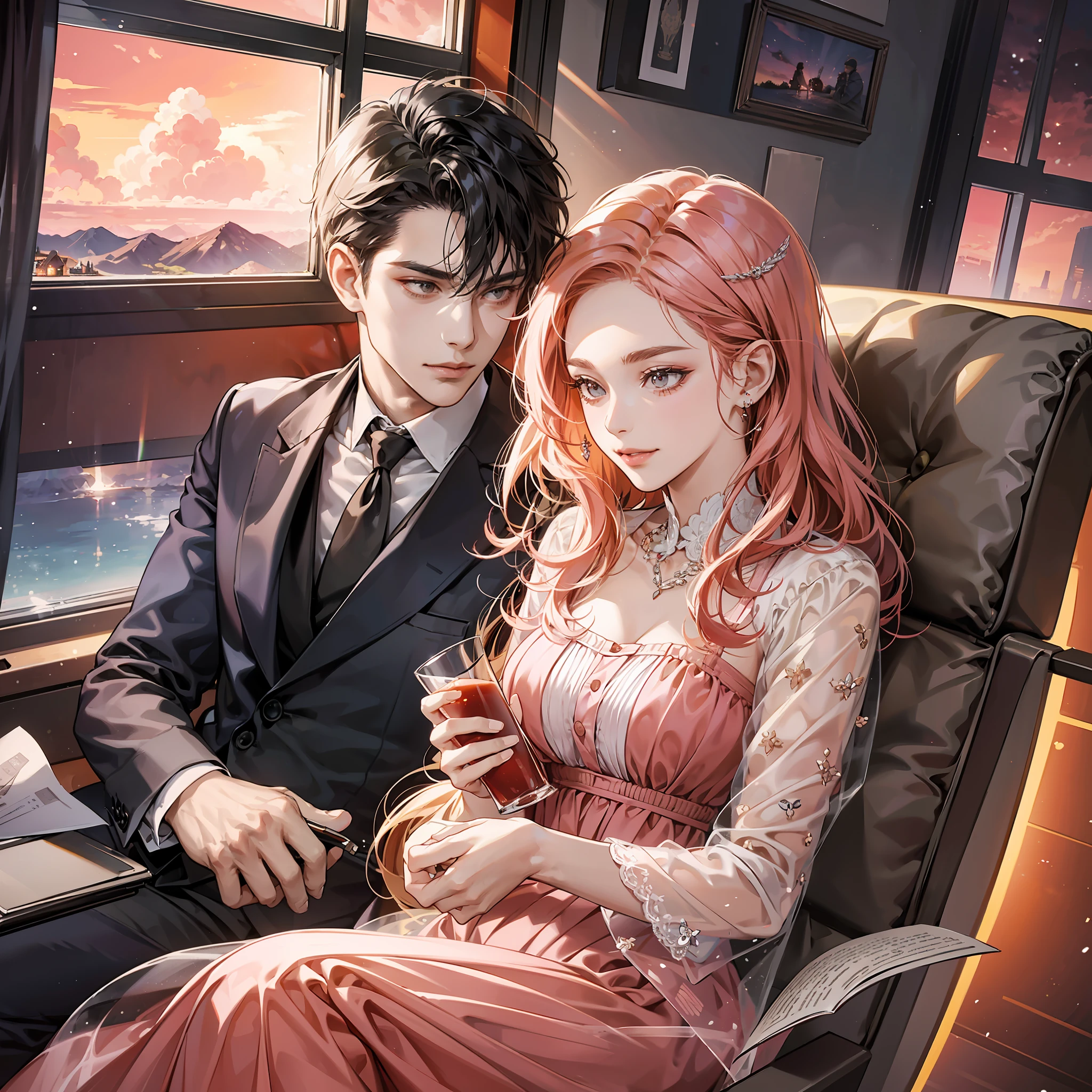 A couple is sitting side by side on a luxury plane, with formal attire and elegant accessories. The man is holding a glass of red wine, while the woman is reading a book with a smile on her lips. The cabin light is soft and diffuse, illuminating their faces and highlighting their striking features. Behind them, through the window, it is possible to see a spectacular landscape of orange and pink clouds, creating a scenery as wonderful as the couple themselves.